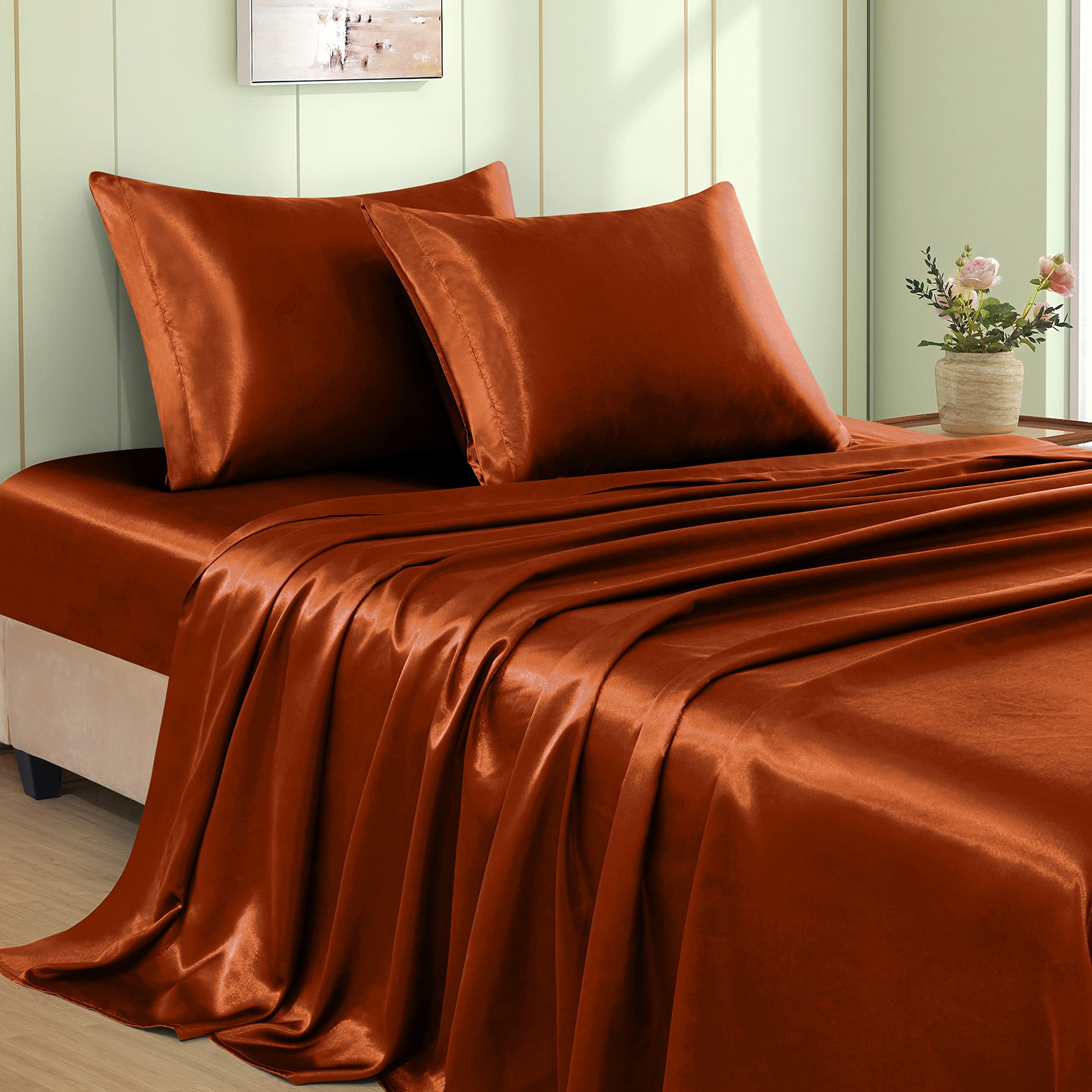 VACVELT 3pcs Beige Satin Sheets Twin Size Bed Set, 15 Inch Deep Pocket Silky Satin Sheet Set, Soft Satin Bedding Set Cooling & Luxury Bed Sheets, 1 Fitted Sheet + 1 Flat Sheet + 1 Pillowcase