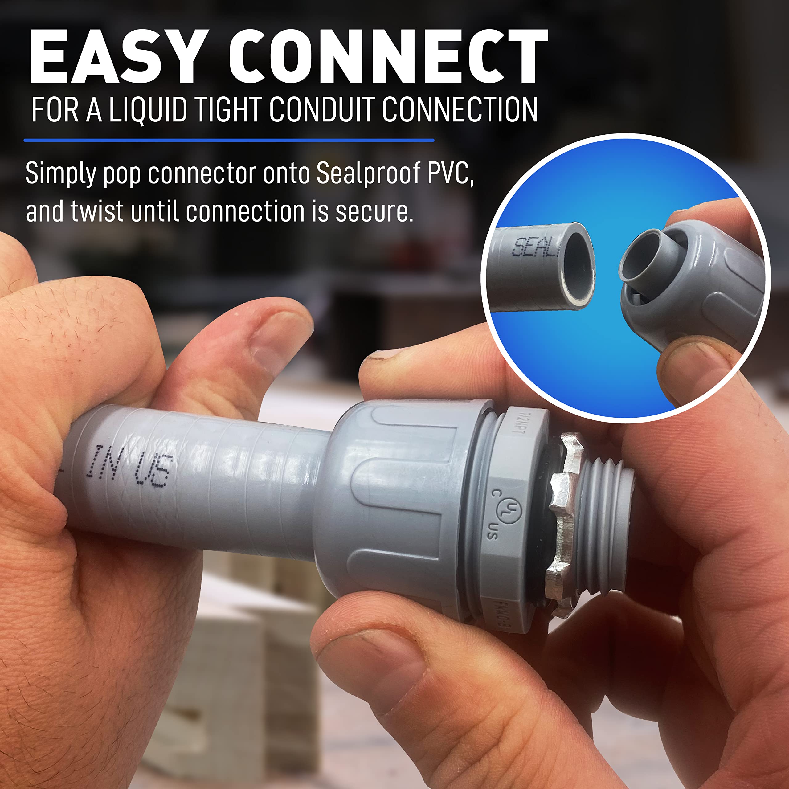 Sealproof 1-1/2 Inch Non-metallic Liquid-Tight Conduit and Connector Kit, 25 Foot Made in USA Flexible Electrical Conduit Type B with 4 Straight and 2 90-Degree Conduit Connector Fittings, 1.5" Dia