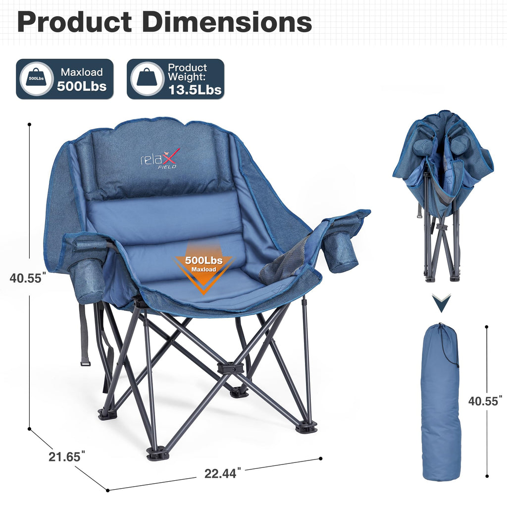 Double Camping Chair Heavy Duty Oversized Padded Loveseat for Adults 2 Person Outdoor Portable Camping Chairs for Lawn, Backyard, Fishing, Trip, Support 600lbs, Grey
