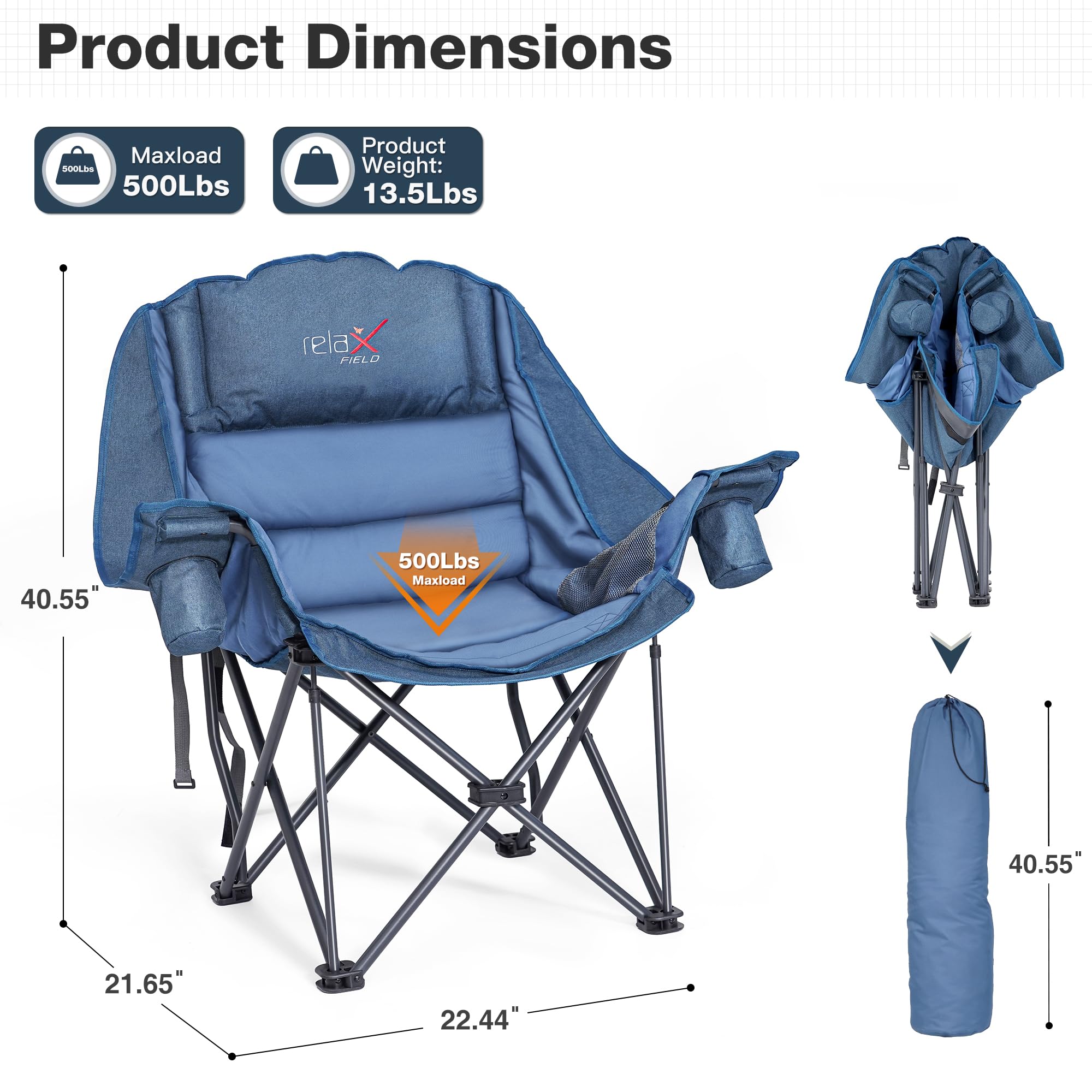 Double Camping Chair Heavy Duty Oversized Padded Loveseat for Adults 2 Person Outdoor Portable Camping Chairs for Lawn, Backyard, Fishing, Trip, Support 600lbs, Grey