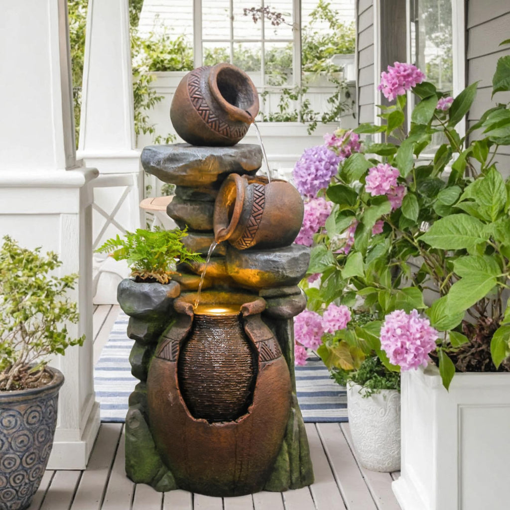 Bumilgar 2-Tier Bowl Water Fountain with LED Lights, 27.95" Tall Freestanding Outdoor & Indoor Garden Waterfall Fountain for Yard, Patio, Backyard, Floor Standing Home Decor