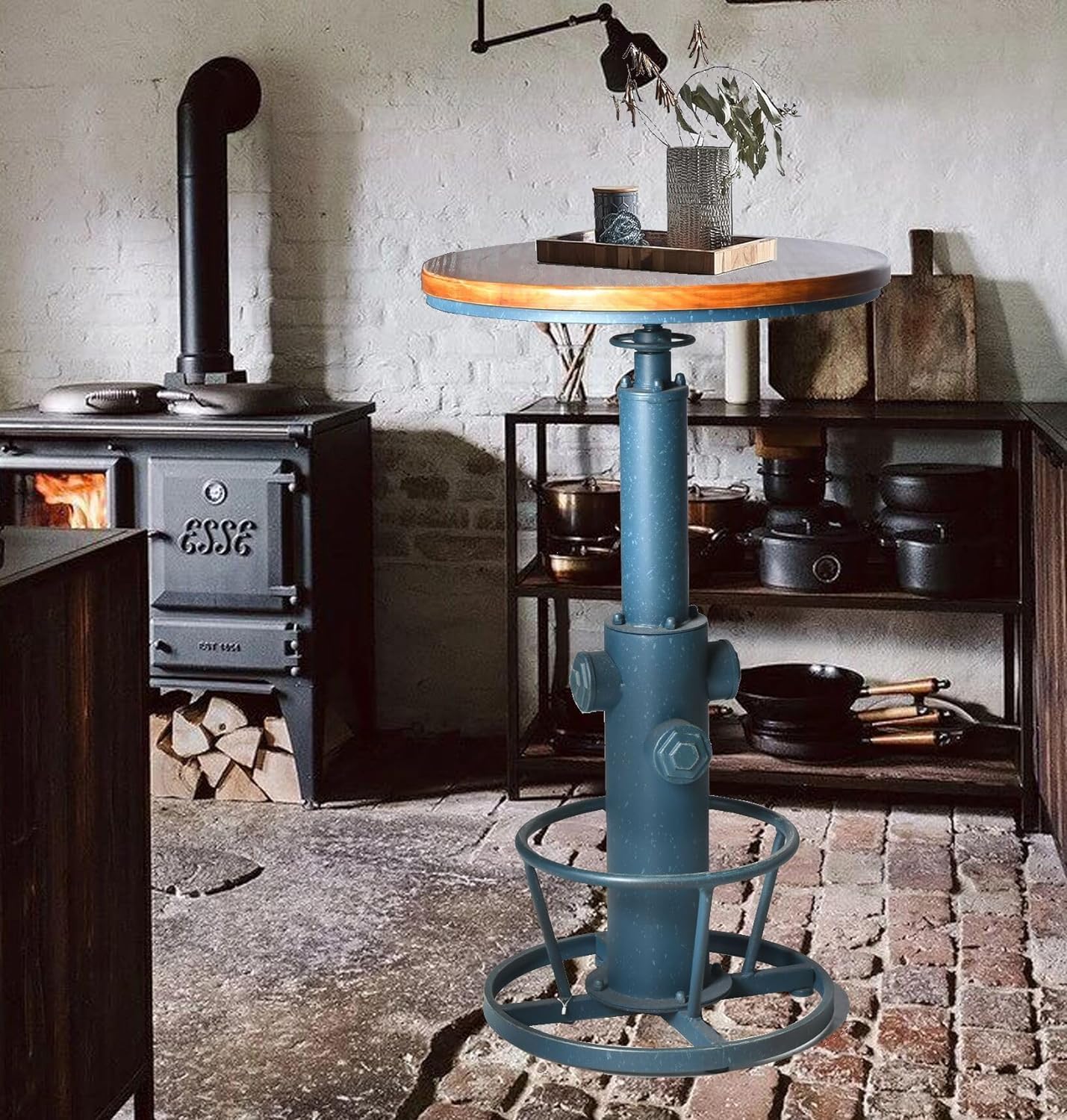 LOKKHAN Industrial Bar Table 38.6"-48.4" Height Adjustable Swivel Round Wood Tabletop 23.7" Dia, Kitchen Dining Office Coffee Bistro Pub Table (Aged Blue)