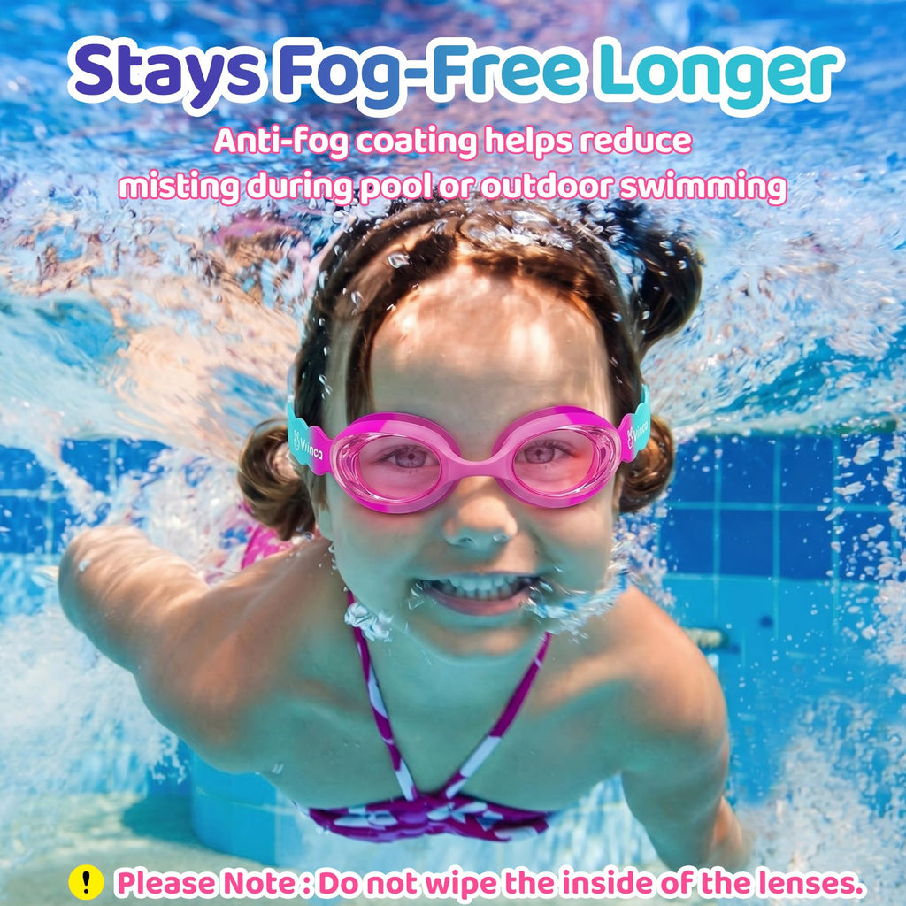 Vvinca Kids Swim Goggles with Fabric Strap No Tangle Pain-Free, Anti-Fog Swimming Pool Goggle No Leak for Toddlers Girls Boys