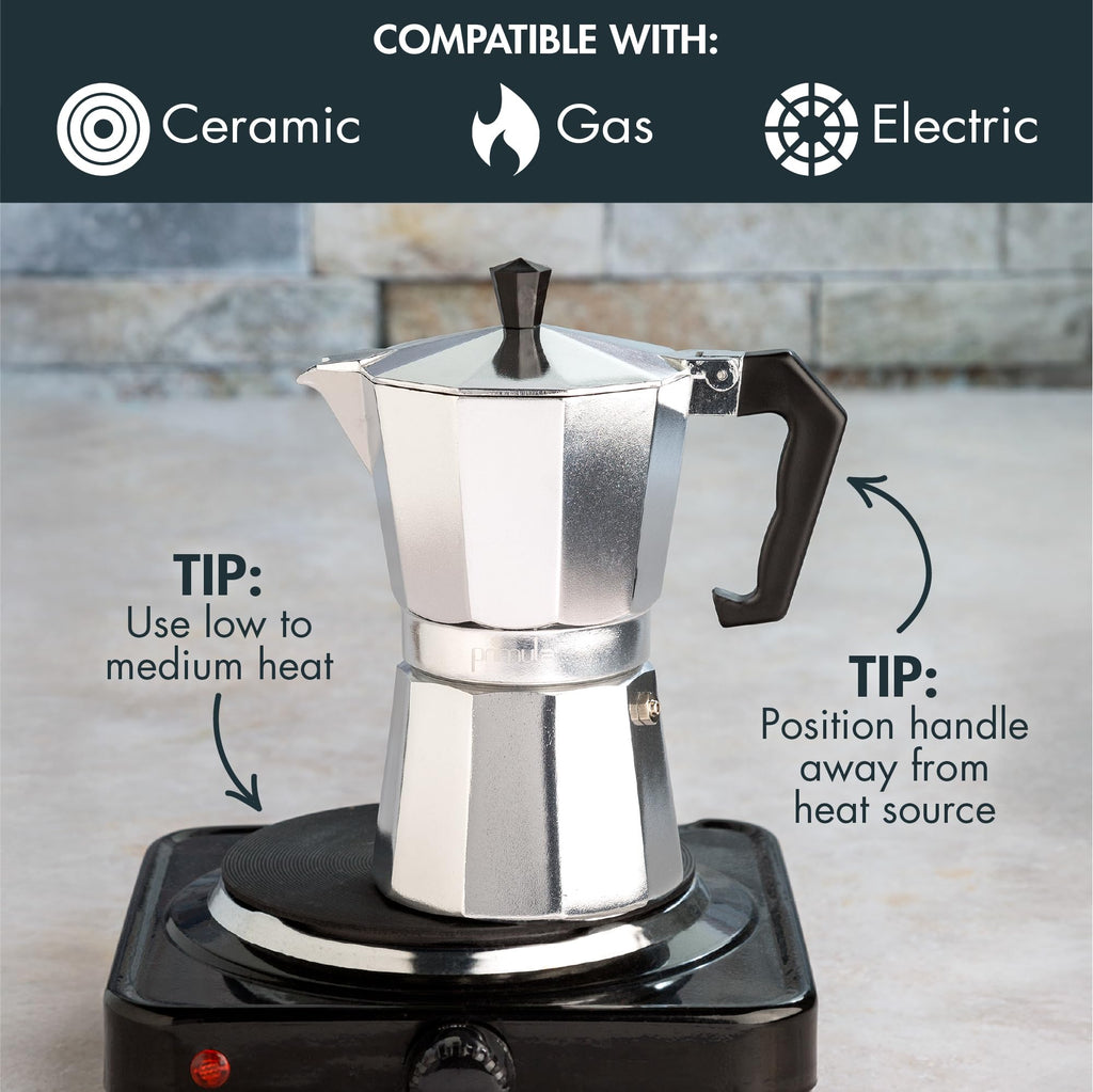 Primula Classic Moka Pot Stovetop Espresso and Coffee Maker, Italian and Cuban Cafetera for Rich Espresso Brewing, Durable Aluminum Greca Coffee Maker with Easy Grip Handle, 6-Cup, Black