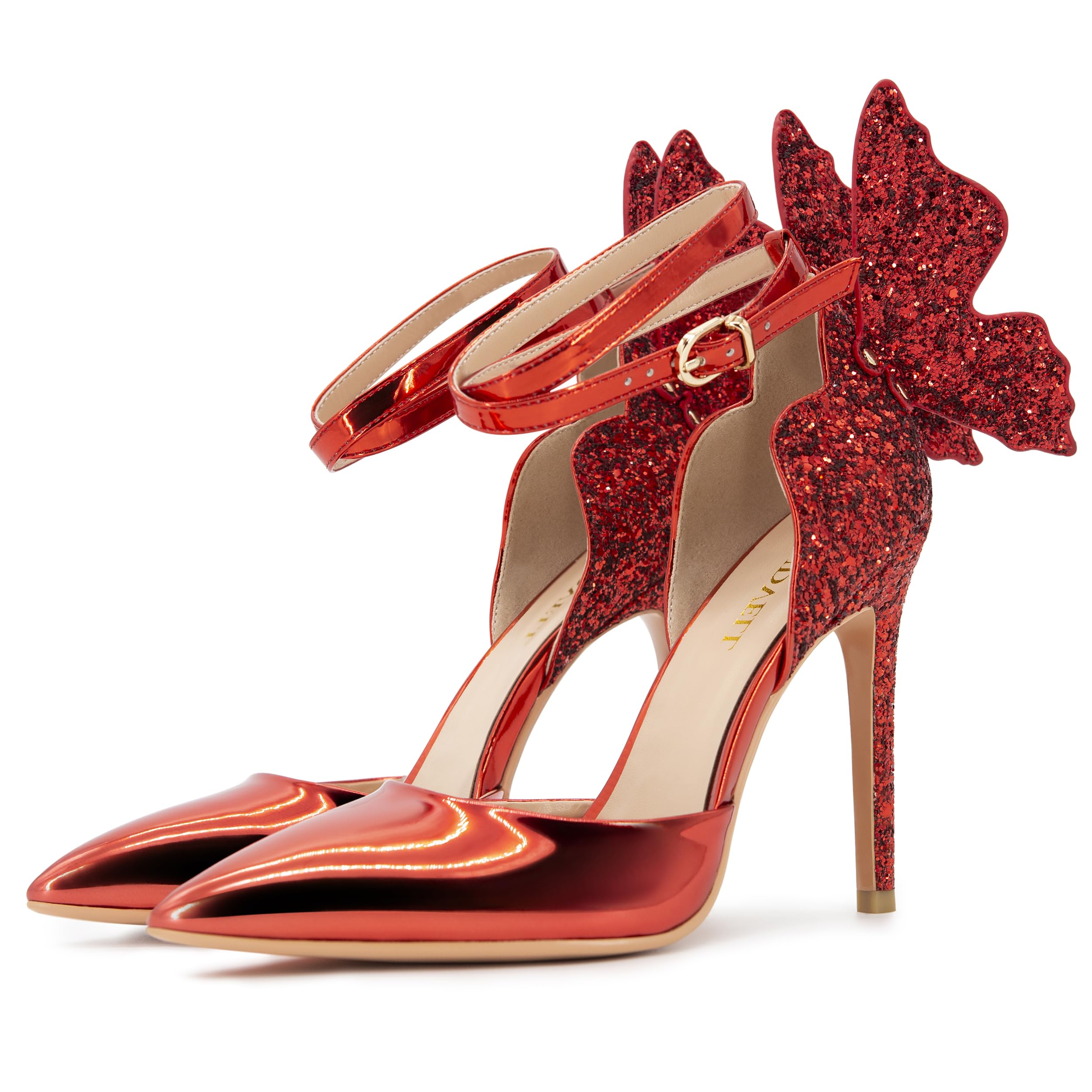 FINDVELL Gold High Heels Butterfly Back Sexy Stiletto Pumps Closed Toe Sparkly Ankle Strap Heels Sandals Dress Shoes for Women