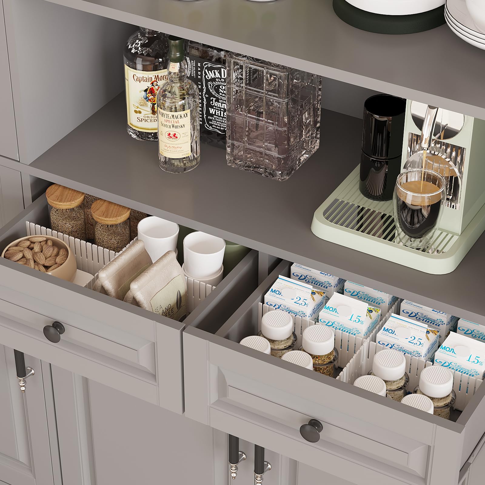 MEISSALIVVE Kitchen Pantry Storage Cabinet with LED Lights, 78.7" Tall with Glass Doors & Drawers, Freestanding Utility Cabinet, Black (31.5" W x 15.7" D)