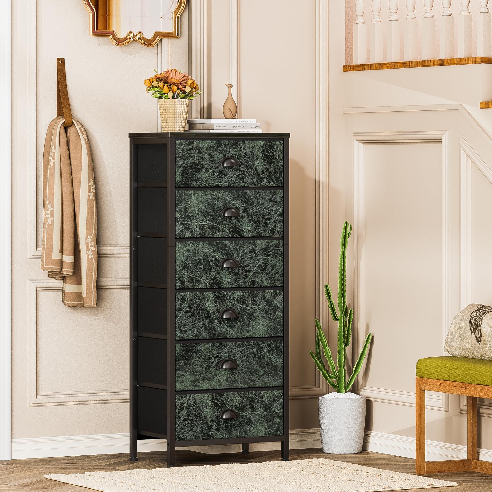 Furnulem Tall Dresser with 6 Drawers,Vertical Bedside End Table & Chest for Bedroom,Black Storage Tower Dorm Nightstand with Fabric Drawer Organizer Unit Furniture in Living Room,Closet,Hallyway