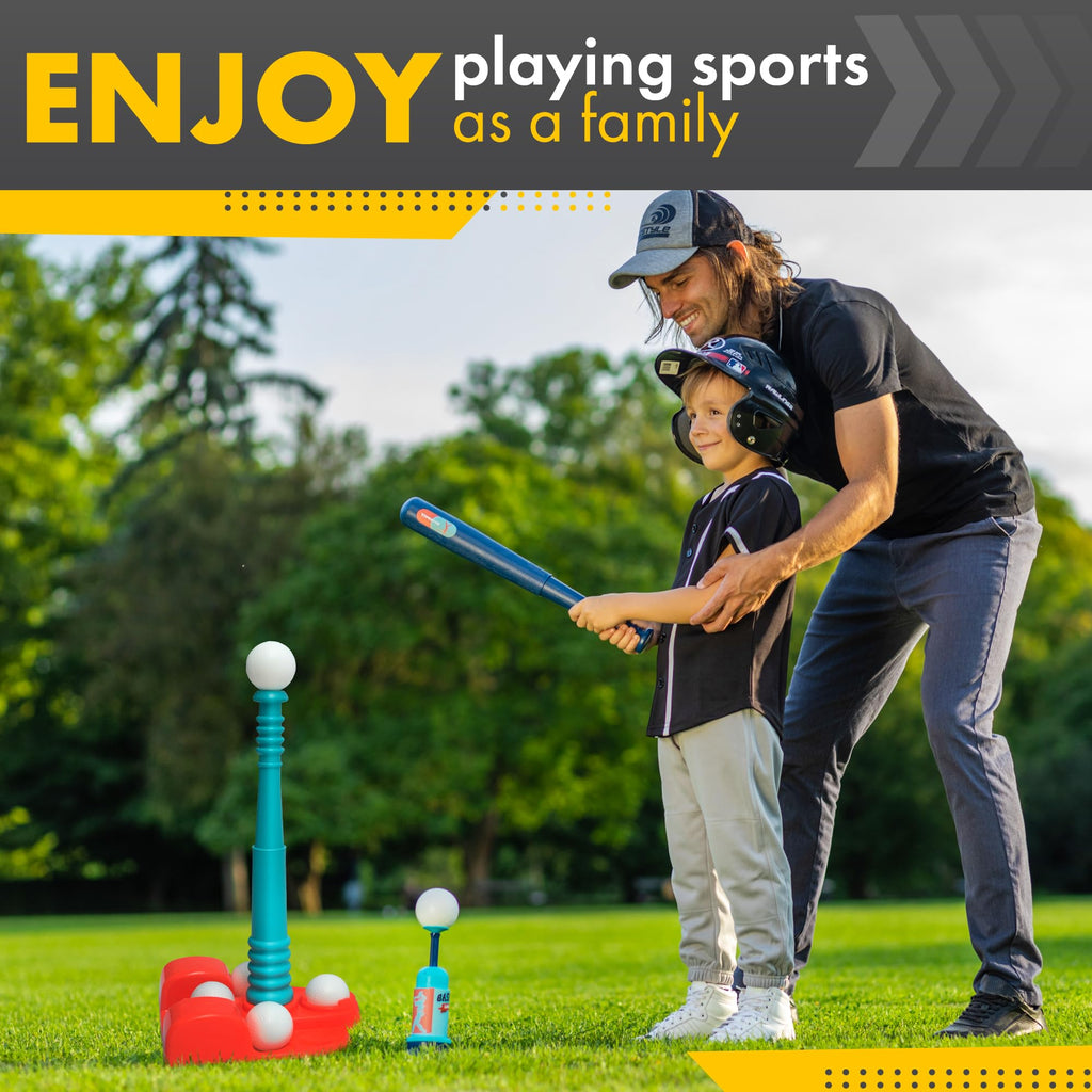 T Ball Stand for Kids and Toddlers 1-3, 3-5, 5-8. Baseball Set Includes 6 Large Balls, an Adjustable Tball Batting Tee, and a Pitching Machine. Kids Bat and Ball, T-Ball Sets for Kids