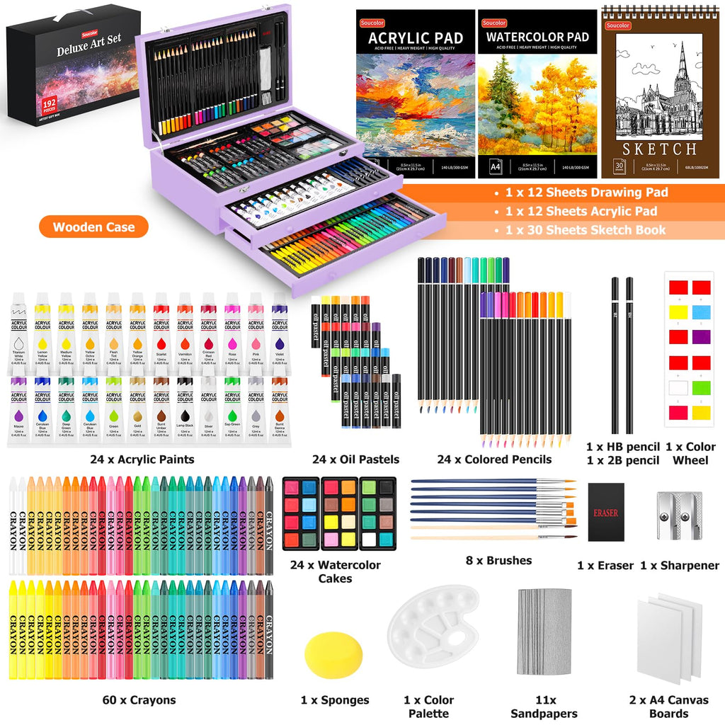 Soucolor Art Supplies, 192-Pack Deluxe Art Set Drawing Painting Supplies Kit with Acrylic Pad, Watercolor Pad, Sketch Book, Canvases, Acrylic Paint, Crayons, Pencils, Gifts for Artist Adults Teen Kids