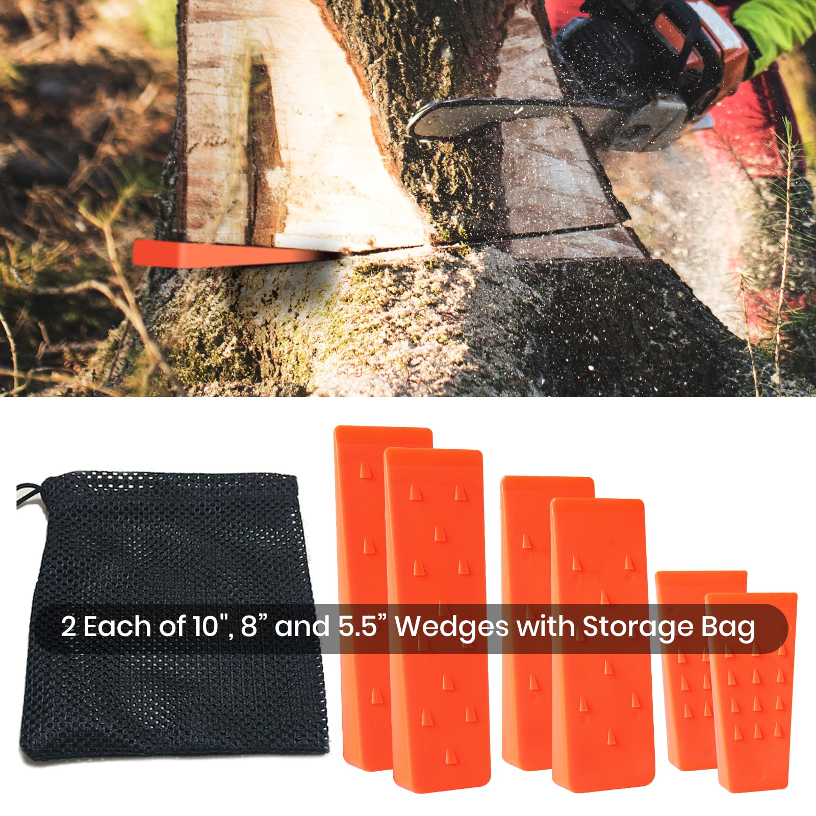 AR-PRO 6 Pack Tree Felling Wedges with Spikes for Safe Tree Cutting – 5.5” Wedges with Storage Bag; 6 Felling Dogs to Guide Trees Stabilize and Safely to Ground for Loggers and Fallers