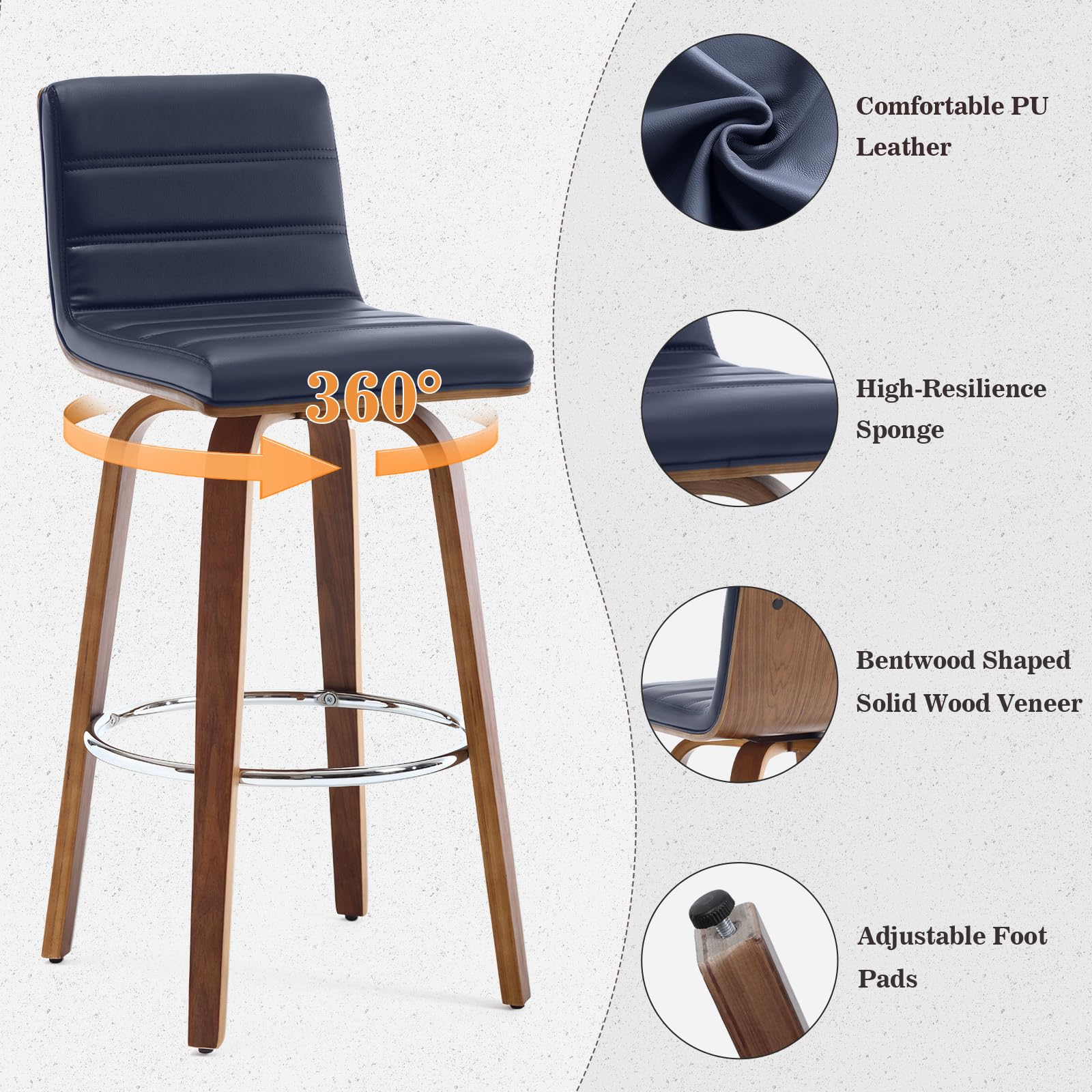 Bar Stools 29 Inch Bar Height, Swivel Bar Stools with Backs Upholstered PU Leather Barstool, L Shape Back and Padded Seat, Mid-Century Modern Bar Stool Pub Chairs for Kitchen Counter Island, Black