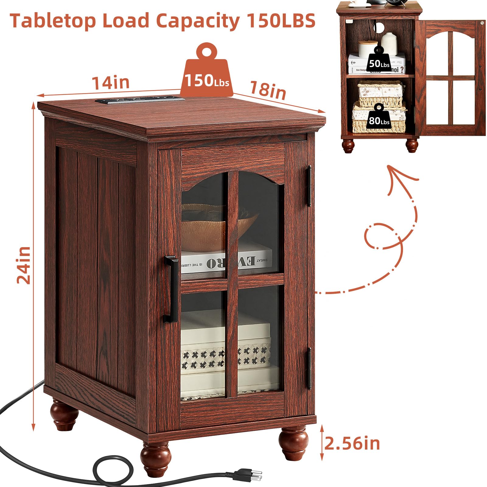 Narrow Side Table,Farmhouse Nightstand with Charging Station,Wood End Table with Glass Barn Door Storage, Cabinet Organizer with Adjustable Shelf, Night Stand for Small Spaces for Living Room Bedroom