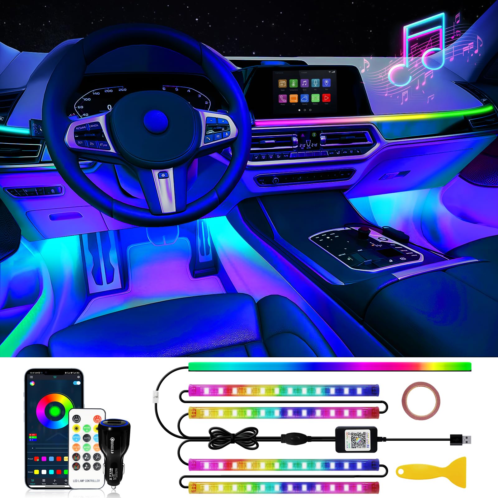 RGB Interior Car Strip Lights with Smart APP Control, Music Sync Under Dash Footwell Neon Internal Lighting Kit 2 Lines Design,12V LED Strip Lights for Cars, Trucks, SUVs with Car Charger(1 Set)