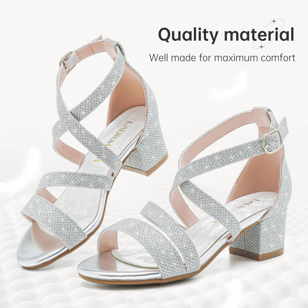 LAURMOSA Girls Sandals Chunky High Heel Strappy Open Toe Ankle Strap Dress Shoes for Little Big Kids in Wedding Party