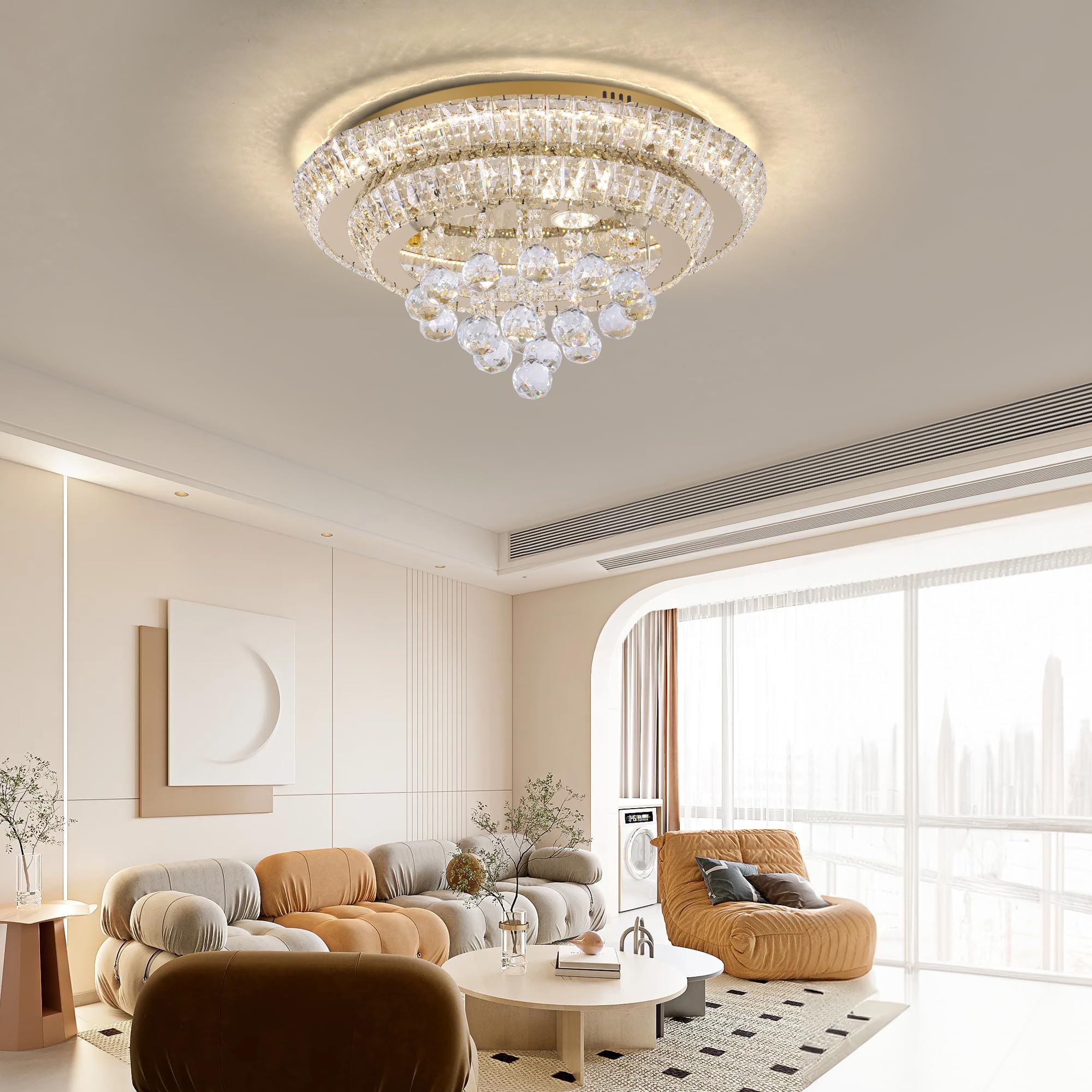 COCOSTAR 20" Gold Crystal Chandeliers, Flush Mount Chandelier LED Ceiling Light, Modern Crystal Raindrop Chandeliers for Dining Room, Living Room, Bedroom