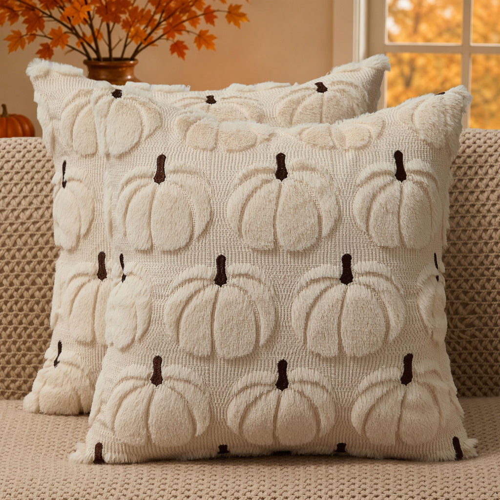 DFXSZ Fall Pillow Covers 16x16 Set of 2 Fall Decorations Autumn Beige Pumpkin Throw Pillow Cases Soft Plush Faux Fur Wool Couch Cushion Case for Chair Sofa Bedroom Living Room Home Decor PTK02B16