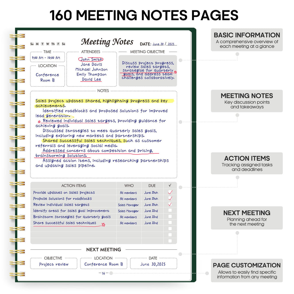 Meeting Notebook for Work Organization - Work Planner Notebook with Action Items, Agenda Planner for Note Taking, 160 Pages (6.9" X 9.9") Project Organizer for Men & Women - Pink