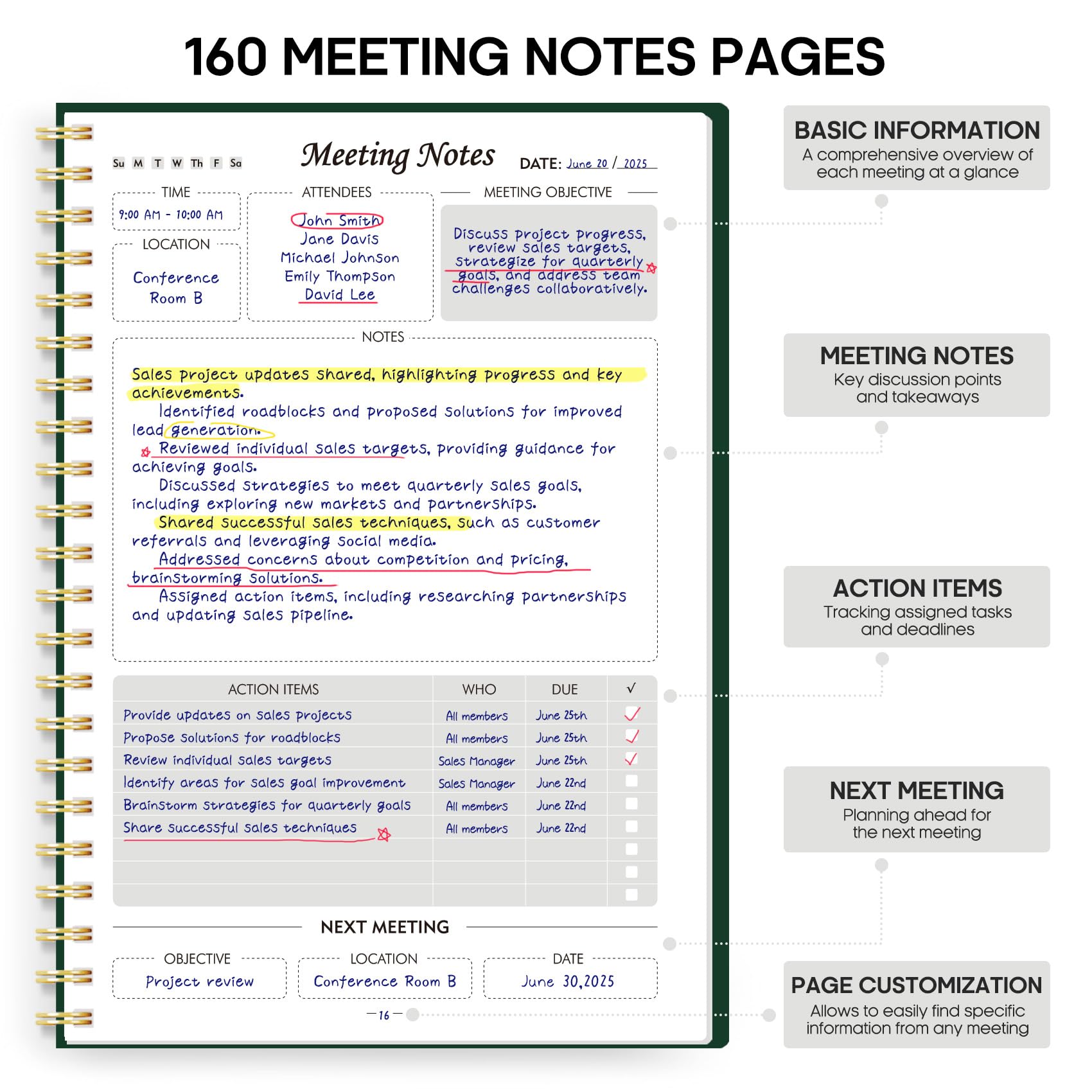Meeting Notebook for Work Organization - Work Planner Notebook with Action Items, Agenda Planner for Note Taking, 160 Pages (6.9" X 9.9") Project Organizer for Men & Women - Pink