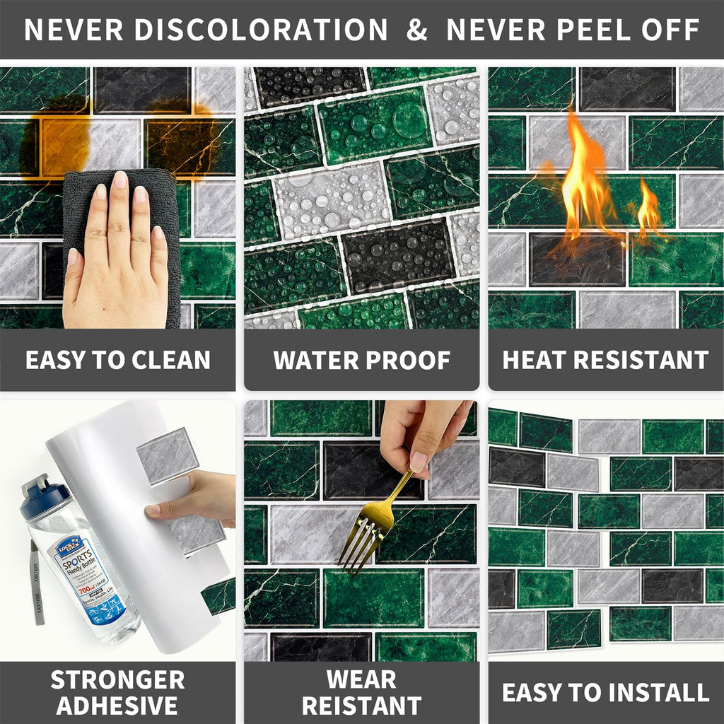 URCOLOR 10-Sheet Back Splashes for Kitchens Peel and Stick,12"x12" Self Adhesive Subway Wall Tiles Stick on backsplash Tiles for Bathroom Black Marble