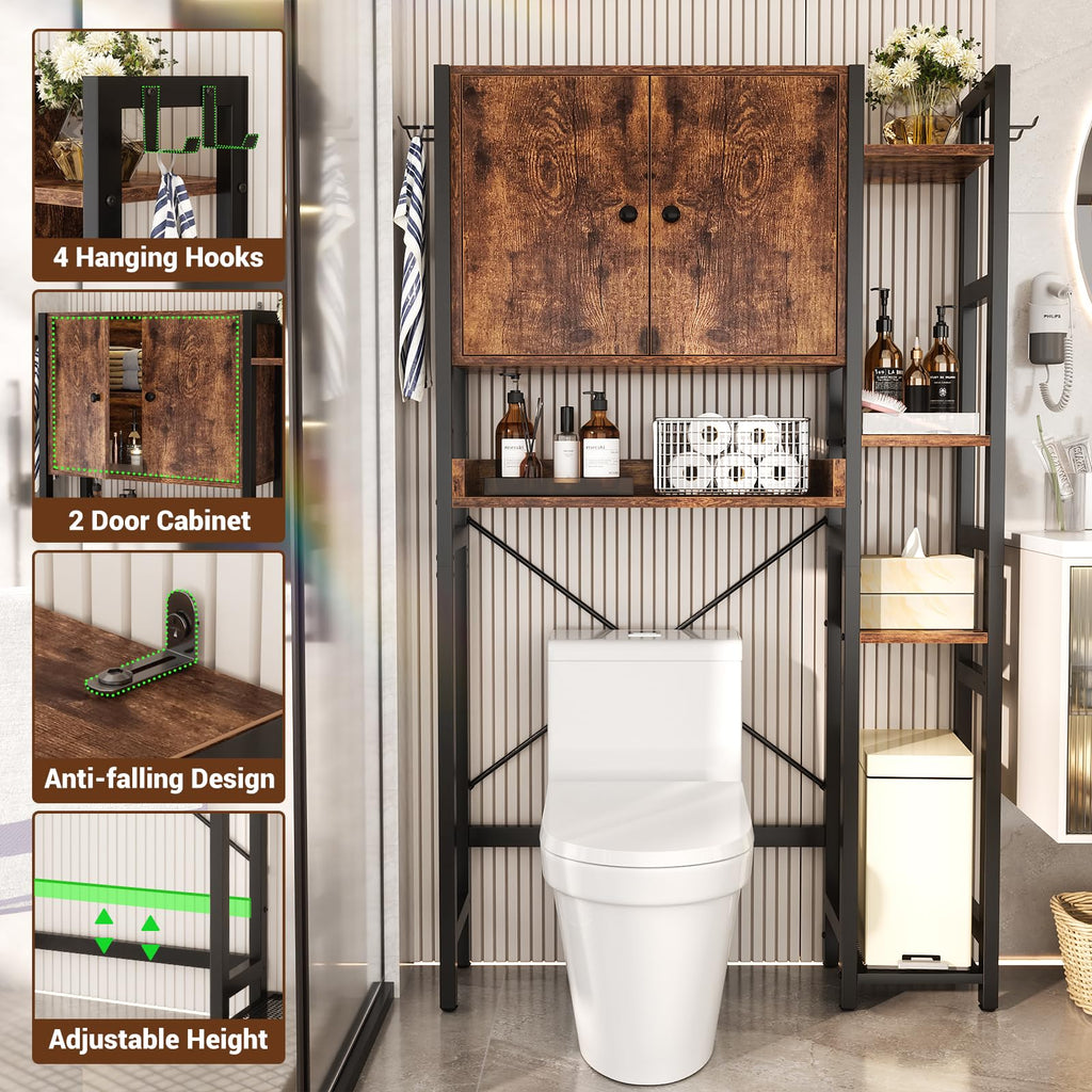 Over The Toilet Storage Cabinet with Doors - 7 Tier Bathroom Organizer with Adjustable Shelf, Freestanding Space Saver Rack Above Toilet Stand with 4 Hooks for Bathroom, Restroom, Laundry, Black