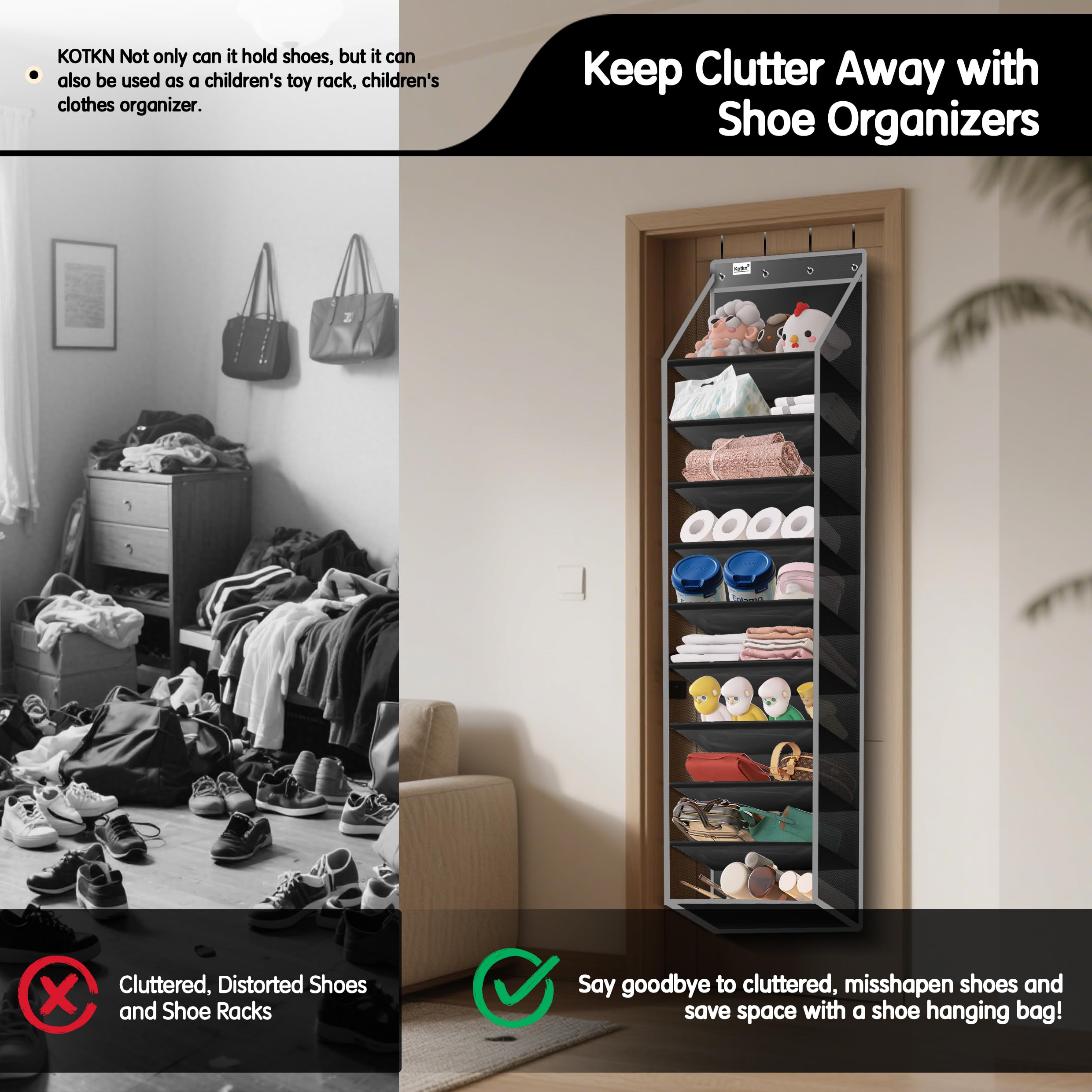 Kotkn 10 Tier Over The Door Organizer - Heavy Duty Hanging Storage Rack with Sturdy Oxford Fabric, Holds 20+ Pairs of Footwear, Boots & Sneakers, Saves 50% Closet Space(Beige)