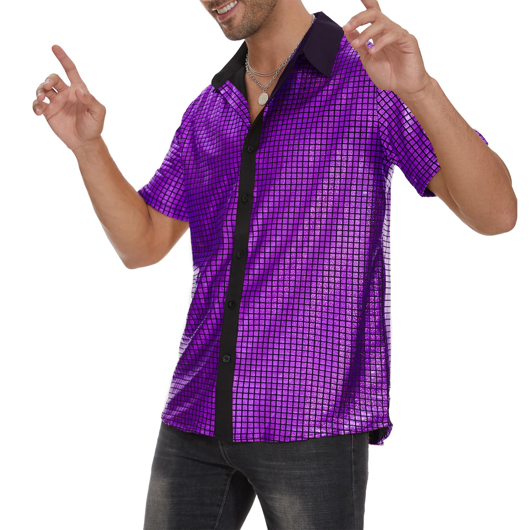 Zando Men's Sequin 70s 80s Disco Shirt - Retro Short Sleeve Button Up Costume Halloween New Year Party Outfit Top & Clubwear
