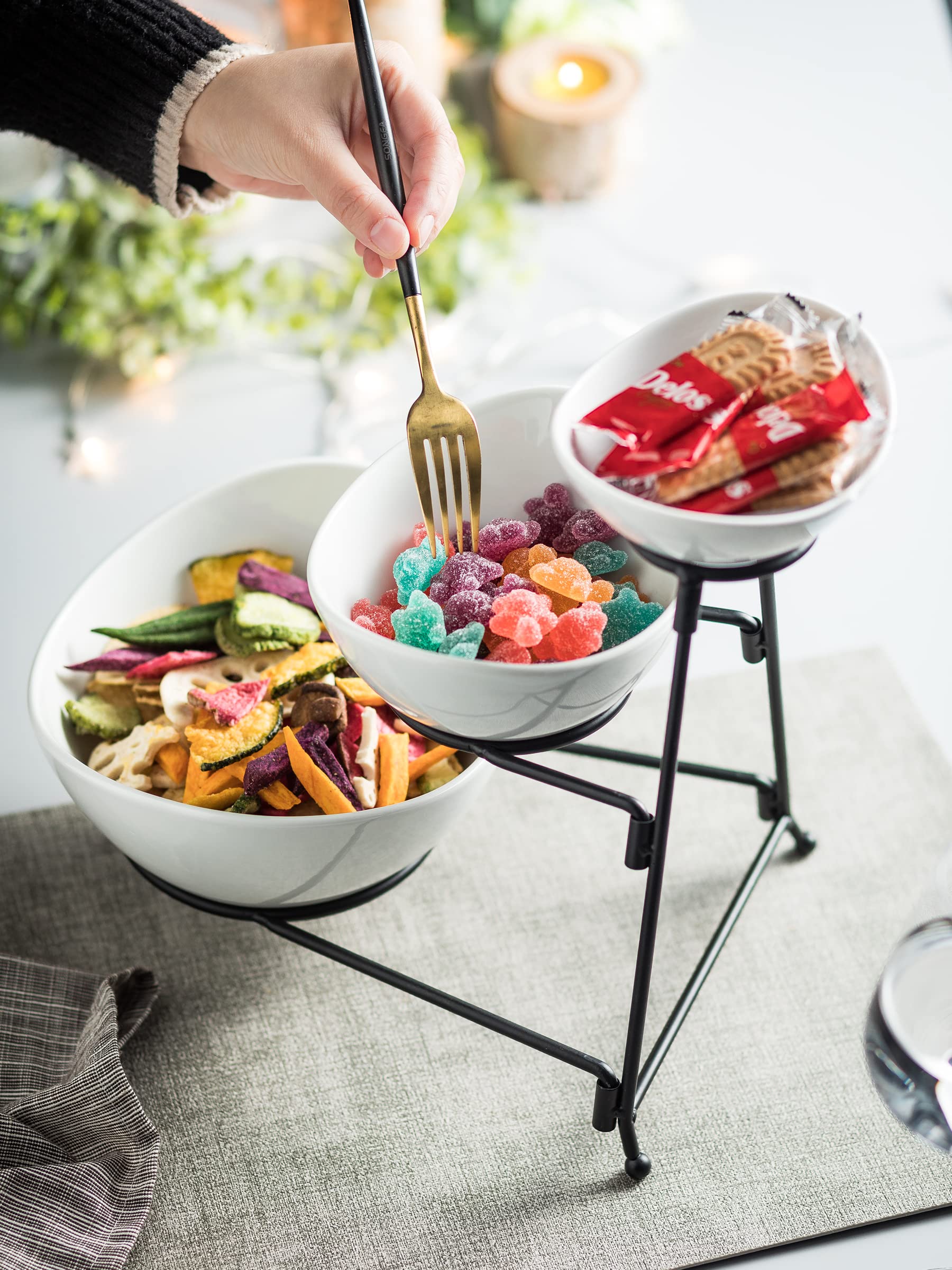 Miamolo 3 Tier Serving Bowls with Stand for Entertaining Party | Ceramic, Chip and Dip Set | Food Display for Fruit Salad Snacks | Space-saving Storage | Microwave & Dishwasher Safe