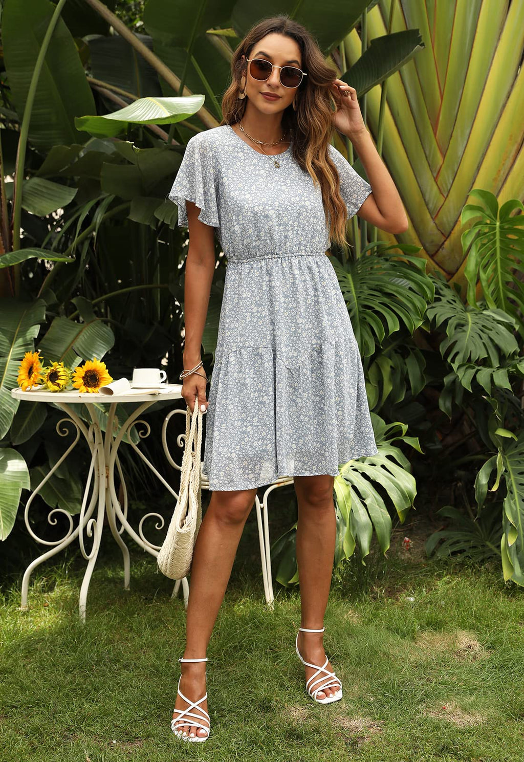 Manydress Women's Chiffon Floral Dresses Casual Summer Boho Flutter Sleeve Flowy Skater Western Dress MY112