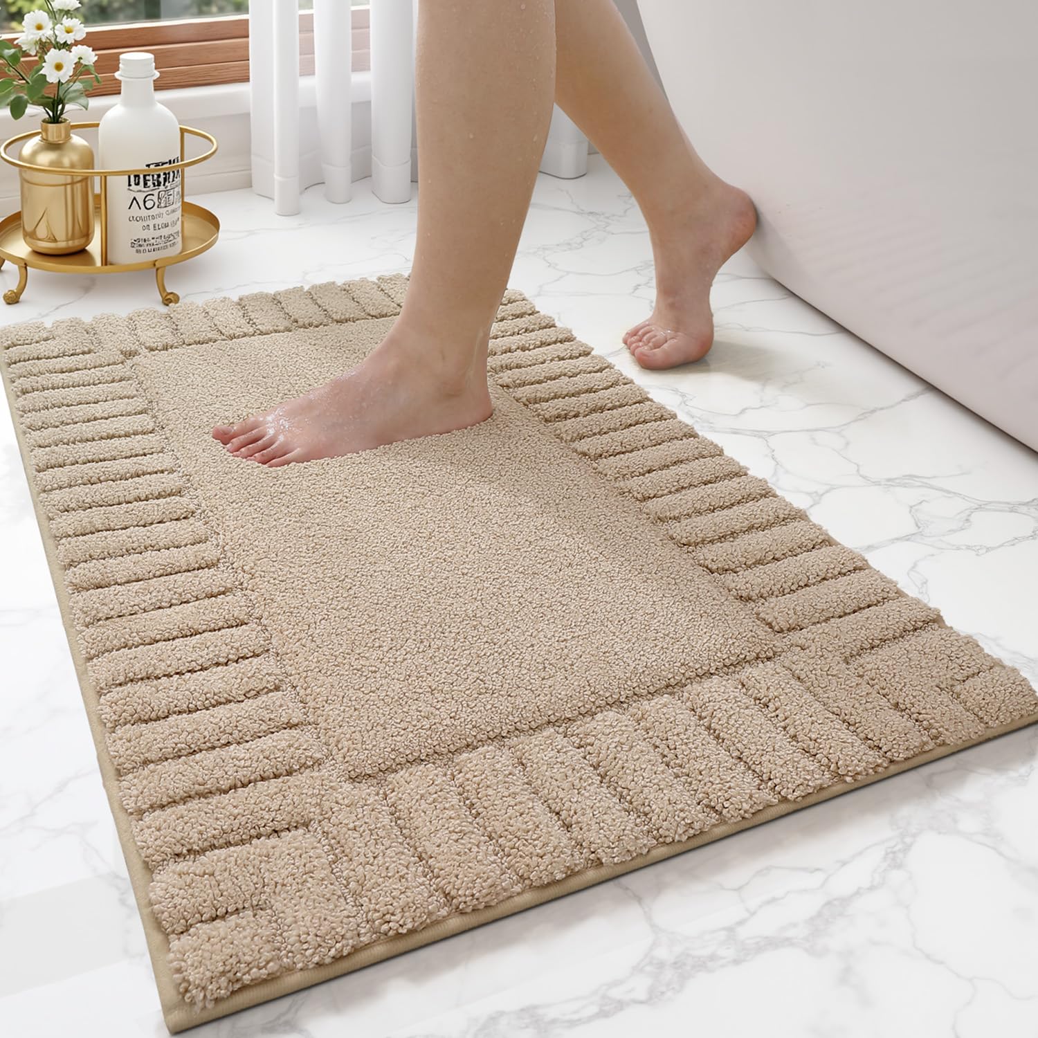 LUMI Bathroom Rugs Non Slip with Rubber Backing, Extra Soft Plush Microfiber Bath Rug Absorbent, Machine Washable Bath Mat Quick Dry for Tub, Shower, Hotel, Beige, 16"x24"