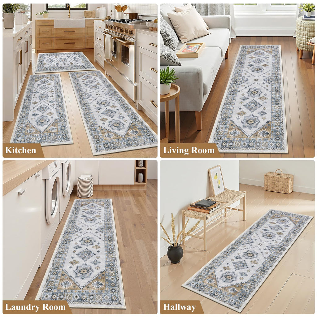 HEBE Boho Kitchen Rug Sets 3 Piece with Runner Non Slip Kitchen Rugs and Mats Washable Kitchen Mats for Floor Thick Kitchen Floor Mat Carpet Runner Rugs for Hallway Laundry Holiday Decor