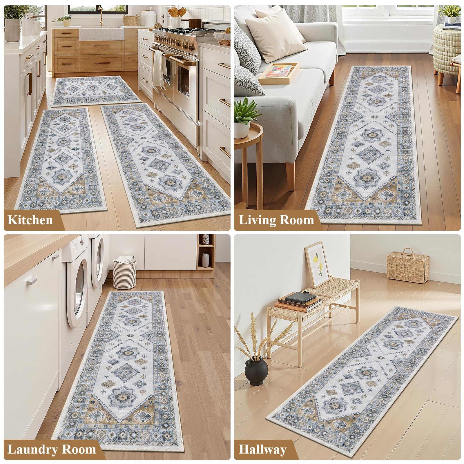 HEBE Boho Kitchen Rug Sets 3 Piece with Runner Non Slip Kitchen Rugs and Mats Washable Kitchen Mats for Floor Thick Kitchen Floor Mat Carpet Runner Rugs for Hallway Laundry Holiday Decor