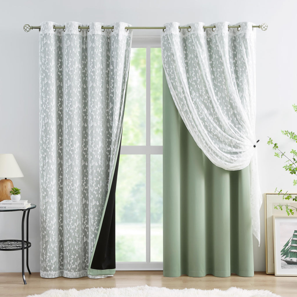 Jubilantex Full Blackout Curtains + Leaf Sheer Window Panels, Beige Mix and Match Style Double Layer Window Treatment Sets for Bedroom Living Room, 4 Panels 52" W x 63" L, Beige and White