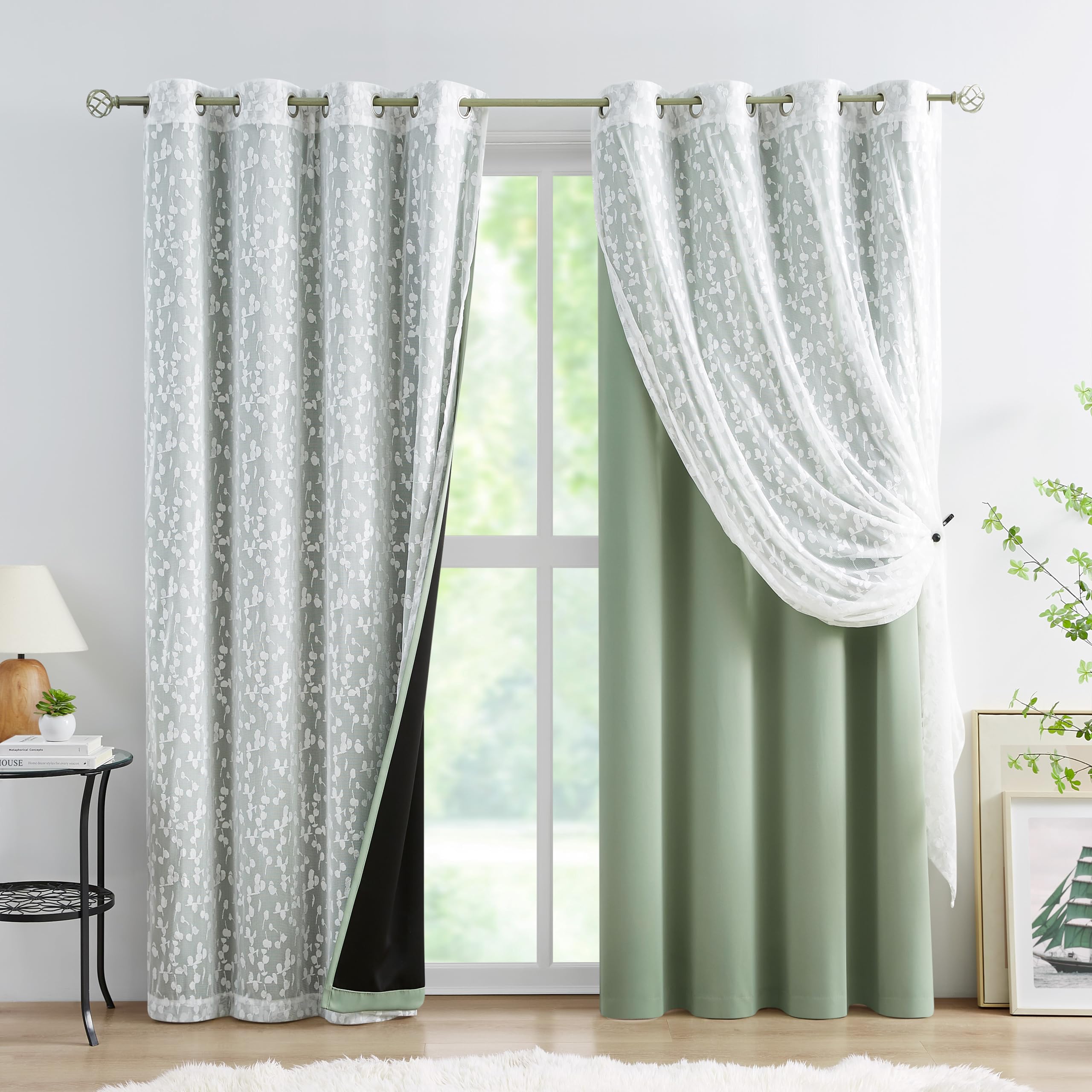 Jubilantex Full Blackout Curtains + Leaf Sheer Window Panels, Beige Mix and Match Style Double Layer Window Treatment Sets for Bedroom Living Room, 4 Panels 52" W x 63" L, Beige and White