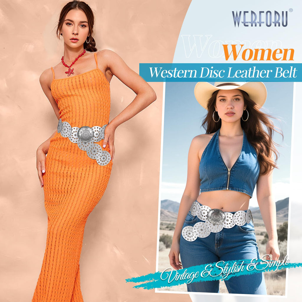 WERFORU Women Vintage Leather Belt Western Disc Waist Belts Ladies Western Belt Boho Belt for Dress Jean-