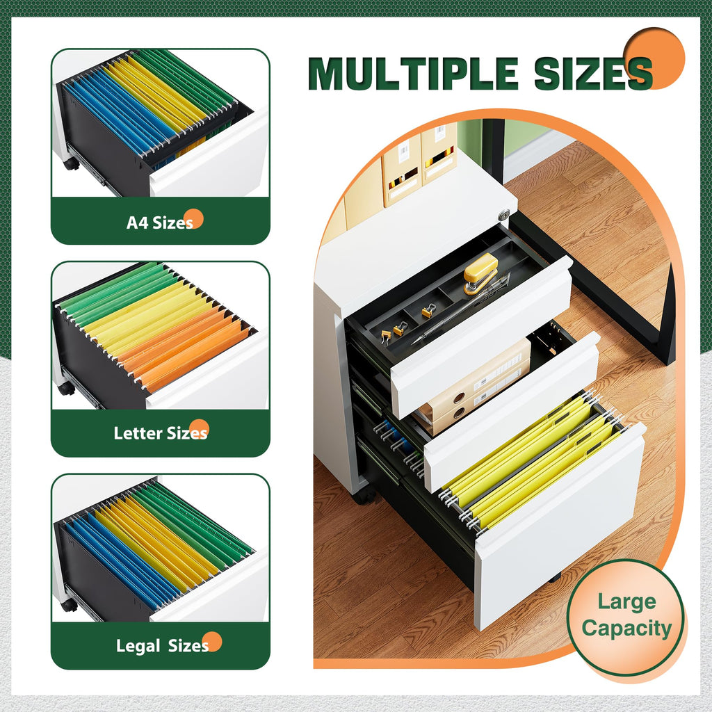 Letaya 3 Drawer Mobile File Cabinet with Lock,Under Desk Metal Small Filing Cabinets for Home Office Organizer Letters/Legal/A4(Fully Assembled Except Wheels-Black)