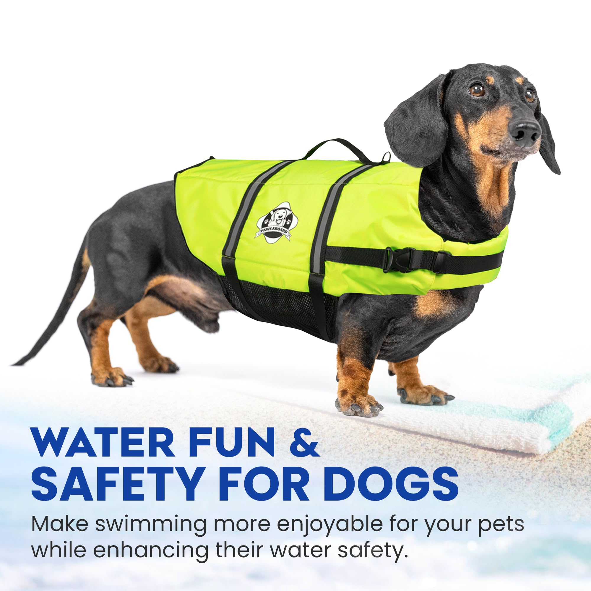 Dog Life Jacket — Premium Swim Vest with SafeChin Anti-Choke Collar | PAWS Aboard Blue & Yellow | RapidLift Rescue Handle, D-Ring, Reflective Trim | Boating, Kayaking, Pool | XX-Small (Under 6 lbs)