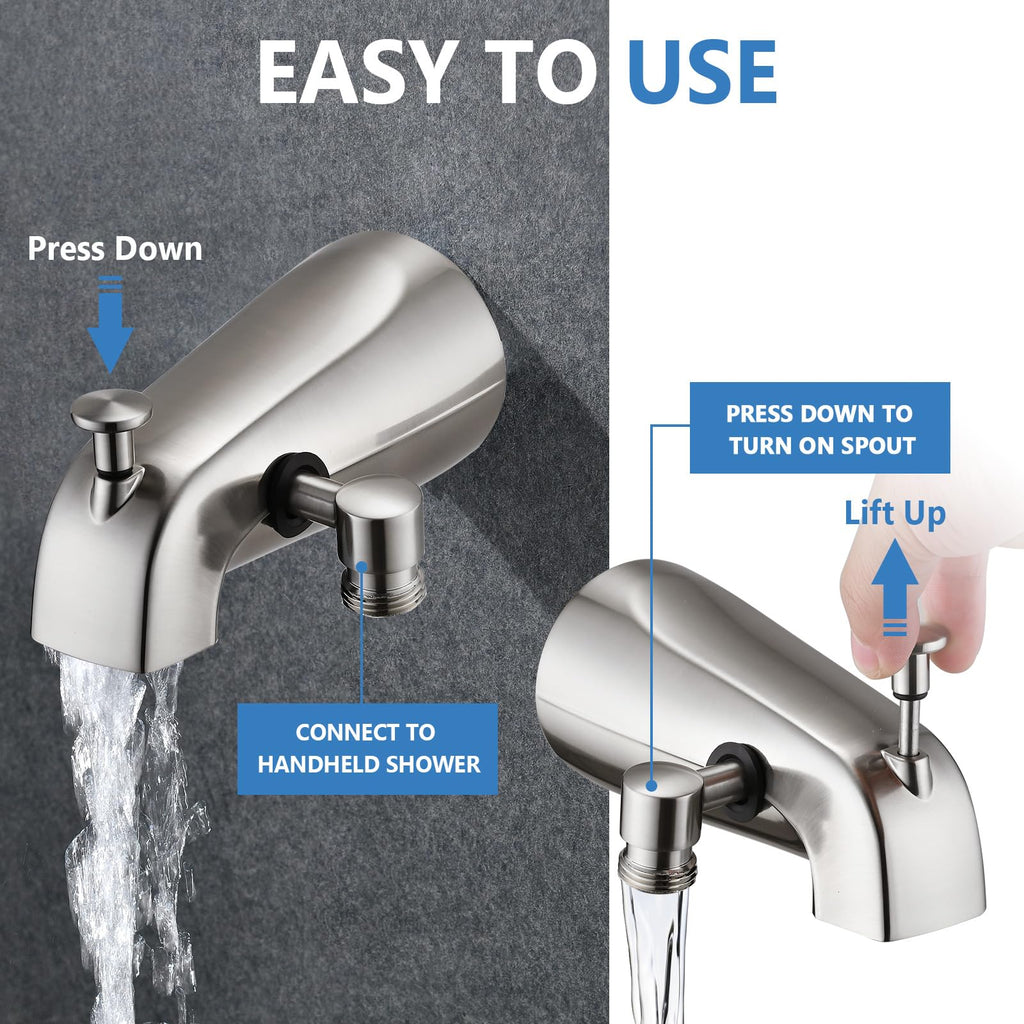 PROOX All Metal Tub Spout with Diverter, 6 Settings Hand held Shower with ON/Off Pause Switch, Bathtub Faucet with Sprayer Brushed Nickel