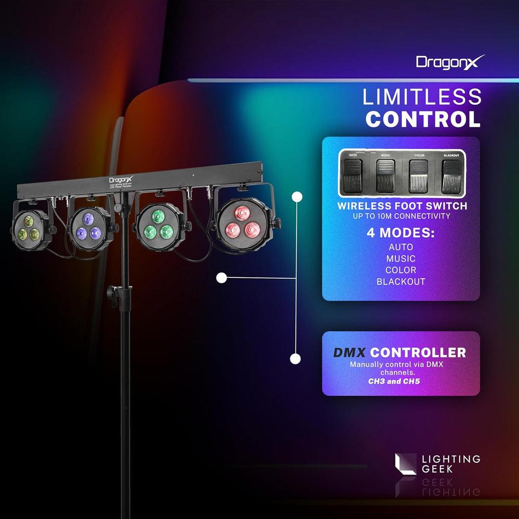 DragonX 4 Gig Bar DJ Lighting System | All-in-One LED Stage Lights with Stand, Foot Pedal & DMX Control | Portable Professional Strobe Lights for DJs, Bands, Weddings, Churches & Live Events