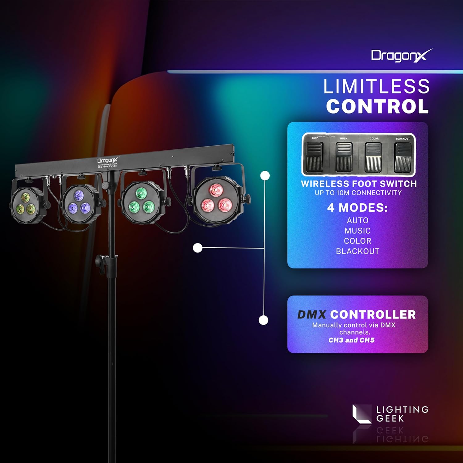 DragonX 4 Gig Bar DJ Lighting System | All-in-One LED Stage Lights with Stand, Foot Pedal & DMX Control | Portable Professional Strobe Lights for DJs, Bands, Weddings, Churches & Live Events