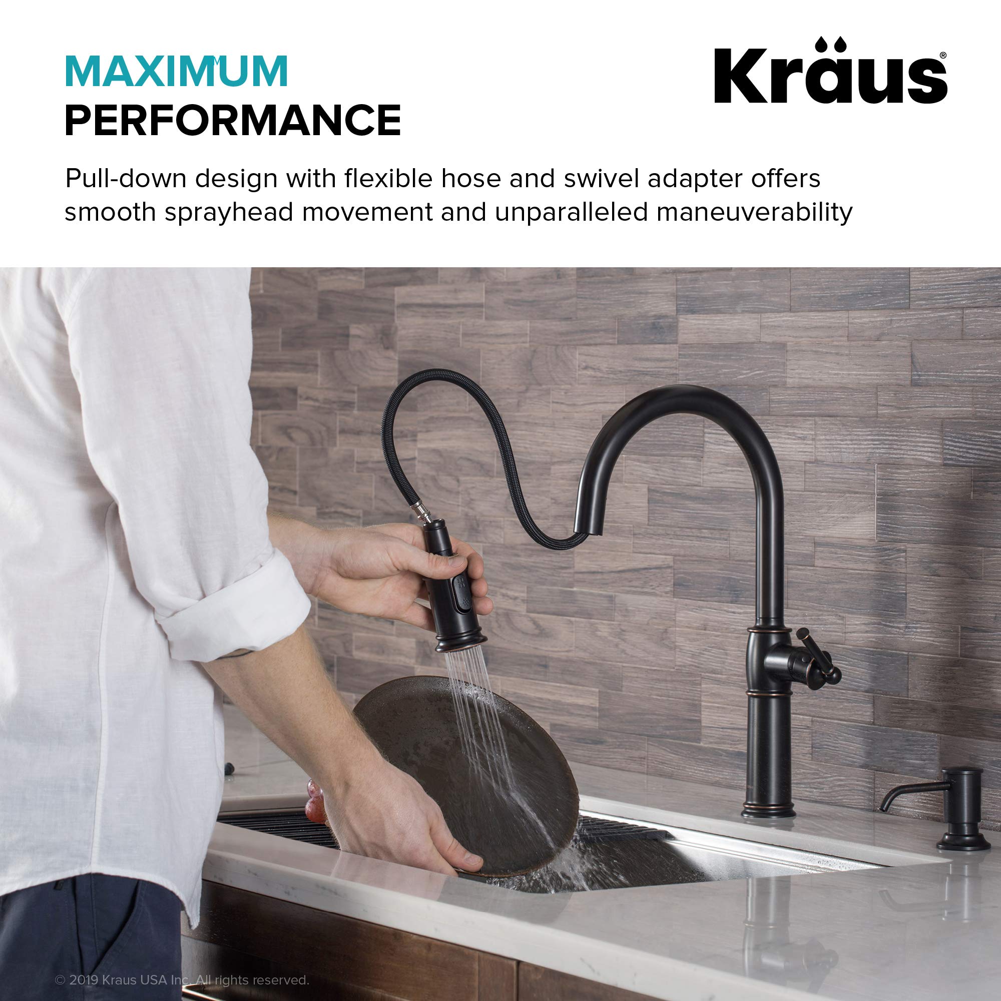 KRAUS Allyn Transitional Bridge Kitchen Faucet with Pull-Down Sprayhead in Brushed Gold, KPF-3121BG