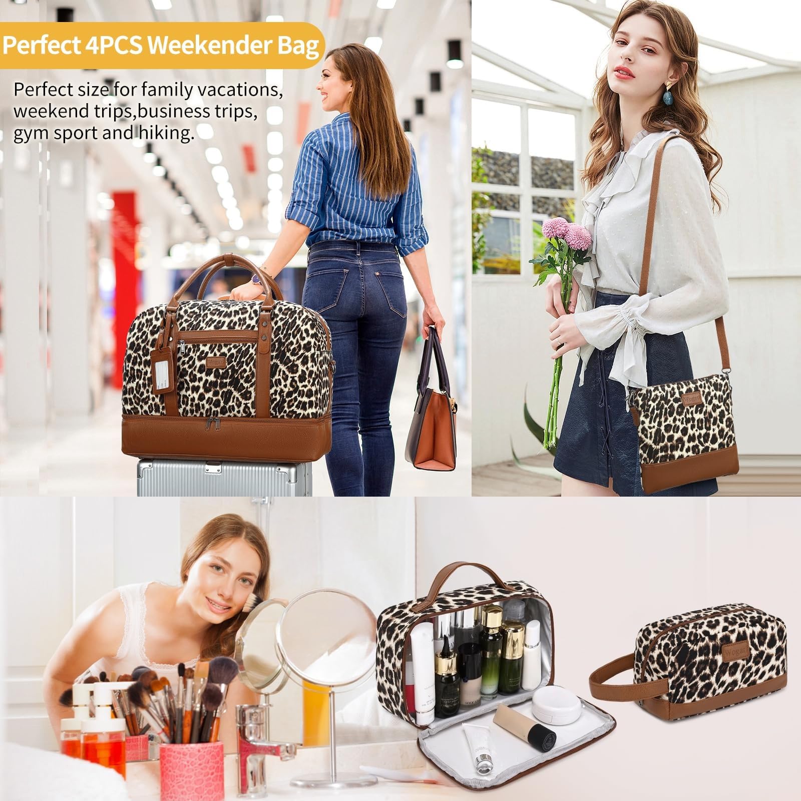 Wogarl 4PCS Weekender Bags for Women Large Overnight Weekend Travel Duffel Carry on Shoulder with Shoe Compartment Canvas Toiletry Bag for Travel Business Gym