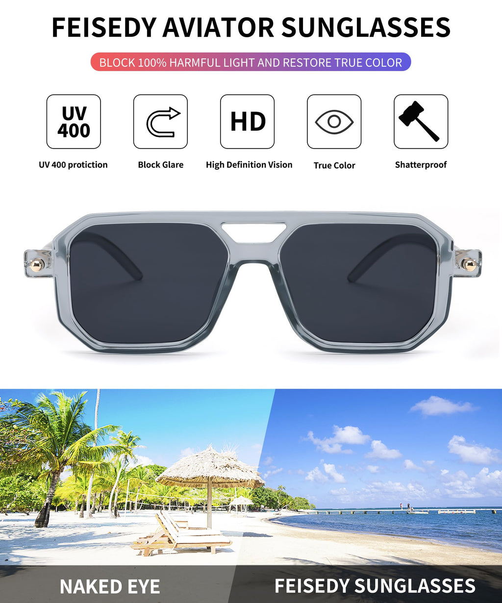FEISEDY Vintage Square 70s Flat Aviator Sunglasses Women Men Classic Retro Stylish Frame UV400 Sunglasses B2622