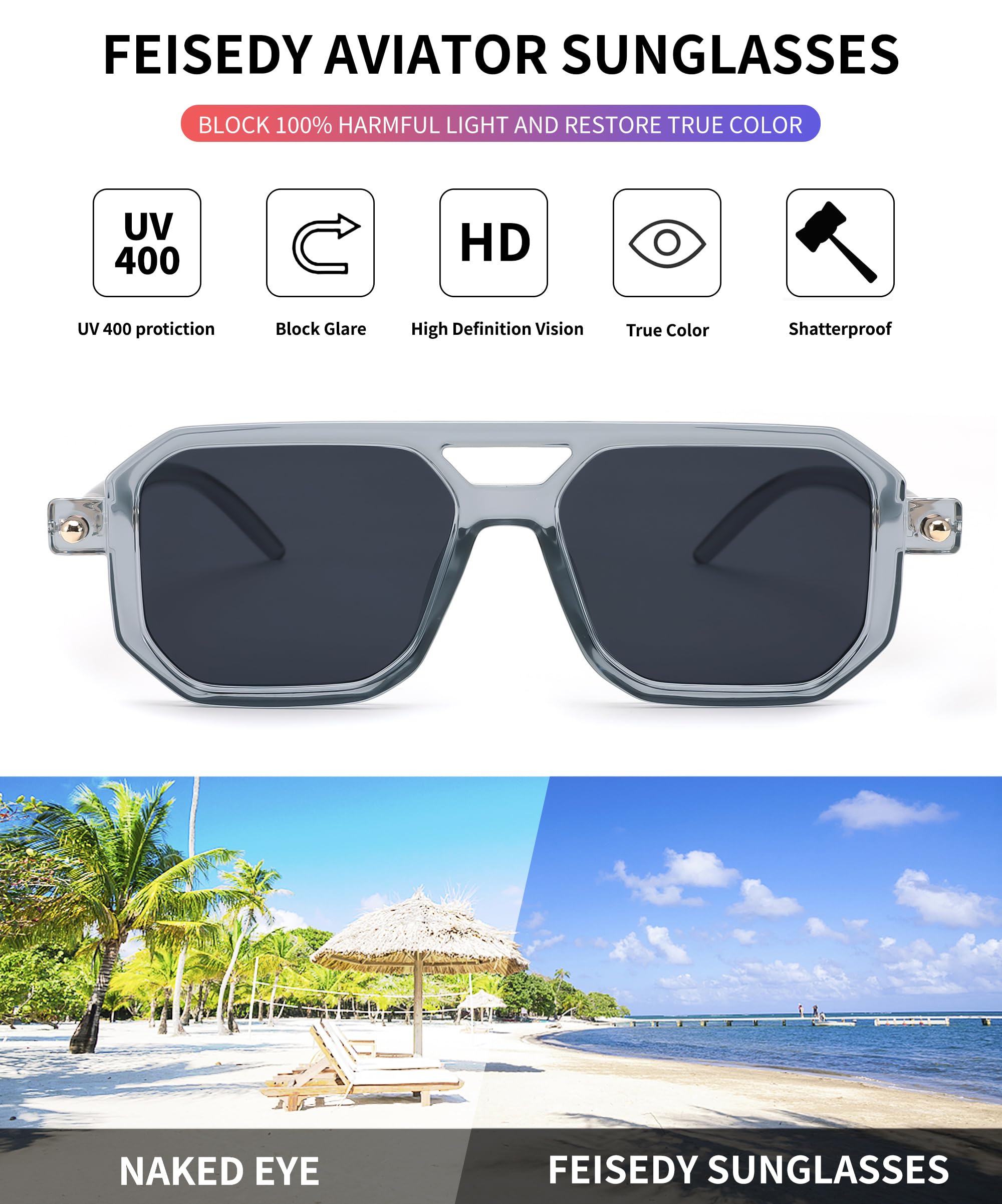 FEISEDY Vintage Square 70s Flat Aviator Sunglasses Women Men Classic Retro Stylish Frame UV400 Sunglasses B2622