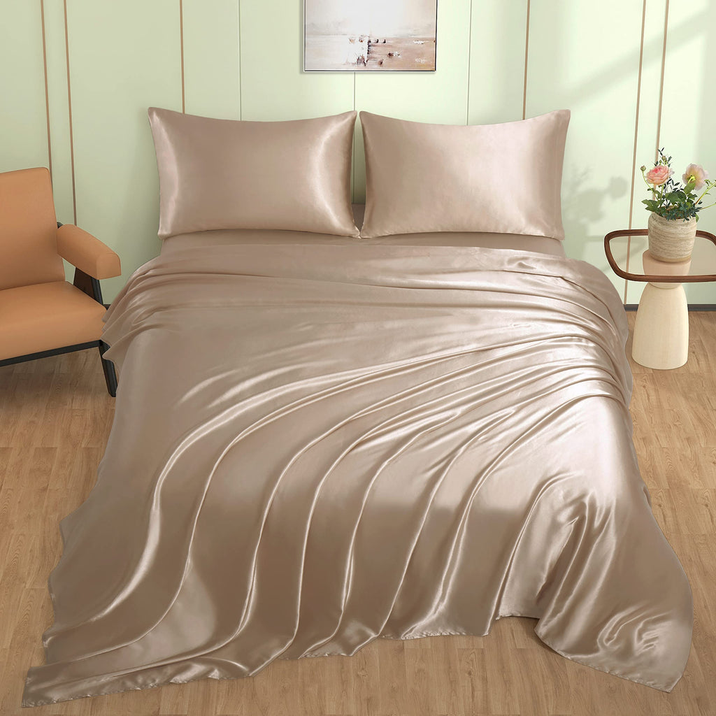 VACVELT 3pcs Beige Satin Sheets Twin Size Bed Set, 15 Inch Deep Pocket Silky Satin Sheet Set, Soft Satin Bedding Set Cooling & Luxury Bed Sheets, 1 Fitted Sheet + 1 Flat Sheet + 1 Pillowcase
