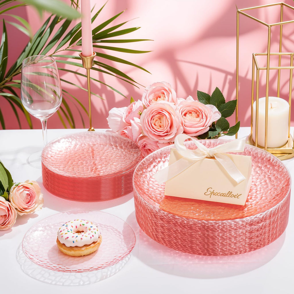 Rubtlamp 100Pcs Amber Gold Plastic Plates, Disposable Plates With Gold Rim, Heavy-duty Party Platos, Hammered Plastic Plates Include 50 Clear Dessert Plates, 50 Dinner Plates for Party