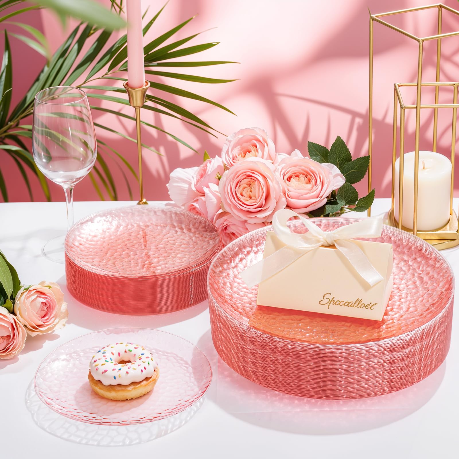 Rubtlamp 100Pcs Amber Gold Plastic Plates, Disposable Plates With Gold Rim, Heavy-duty Party Platos, Hammered Plastic Plates Include 50 Clear Dessert Plates, 50 Dinner Plates for Party