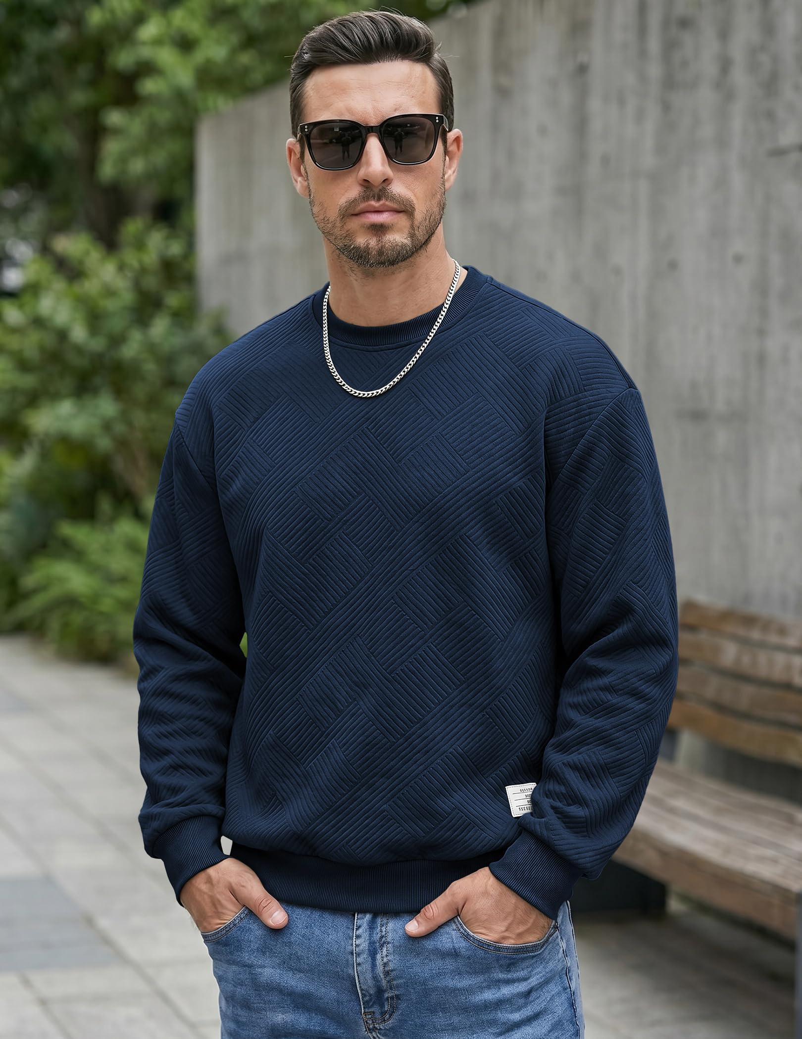 Dokotoo Men Men's Crewneck Sweatshirts Soild Color Geometric Texture Long Sleeve Casual Pullover Shirt