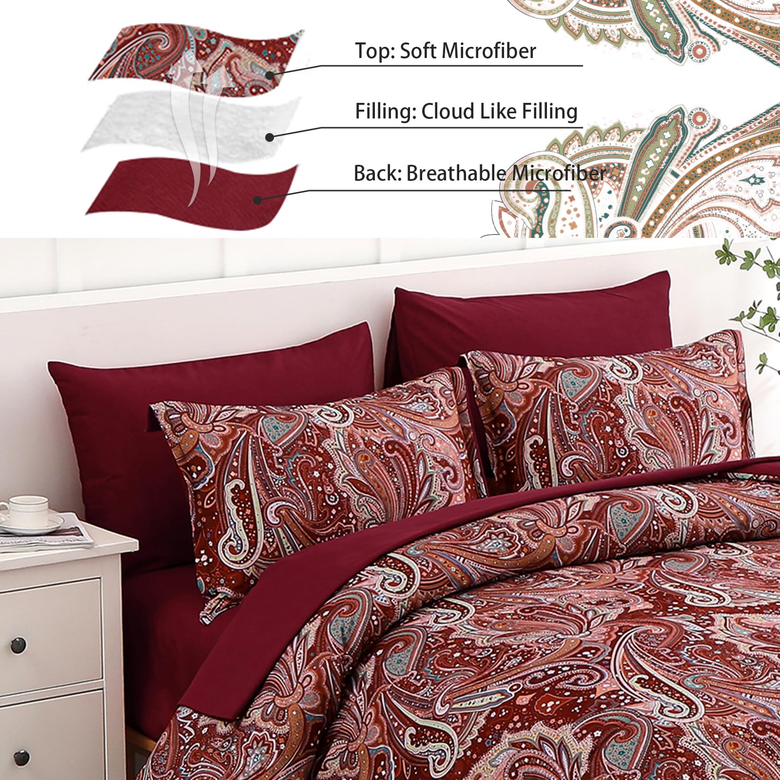 DJY Black Paisley Comforter Set Full Size 7 Piece Bed in a Bag Black and Grey Boho Paisley Pattern Comforter Set Soft Lightweight Microfiber Reversible Bedding Set for All Season