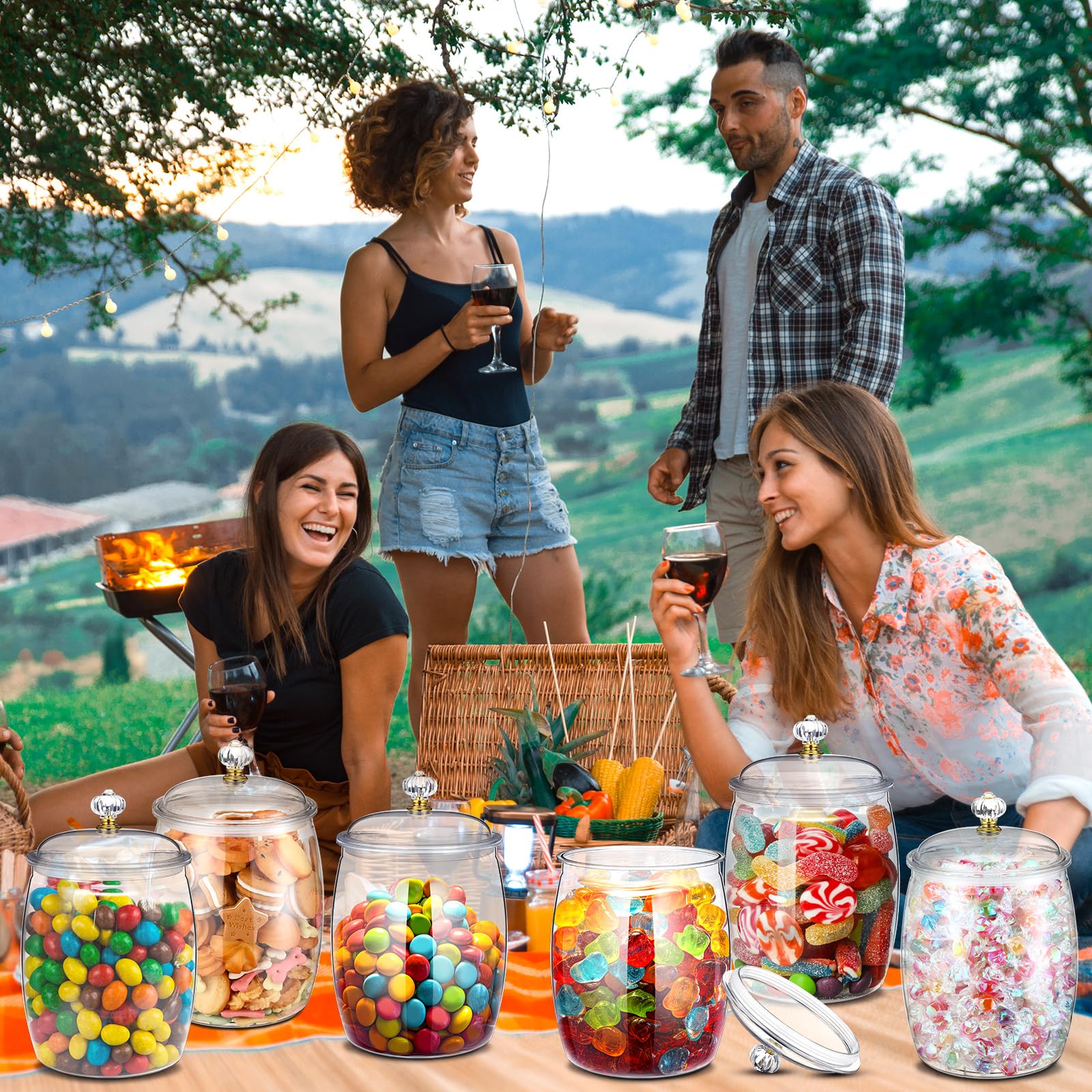 Nuogo 6 Pcs Plastic Candy and Cookie Jar with Lids Decorative Apothecary Jars Candy Buffet Containers Clear Airtight Food Storage Canister Home Decoration(42 oz,Classic)