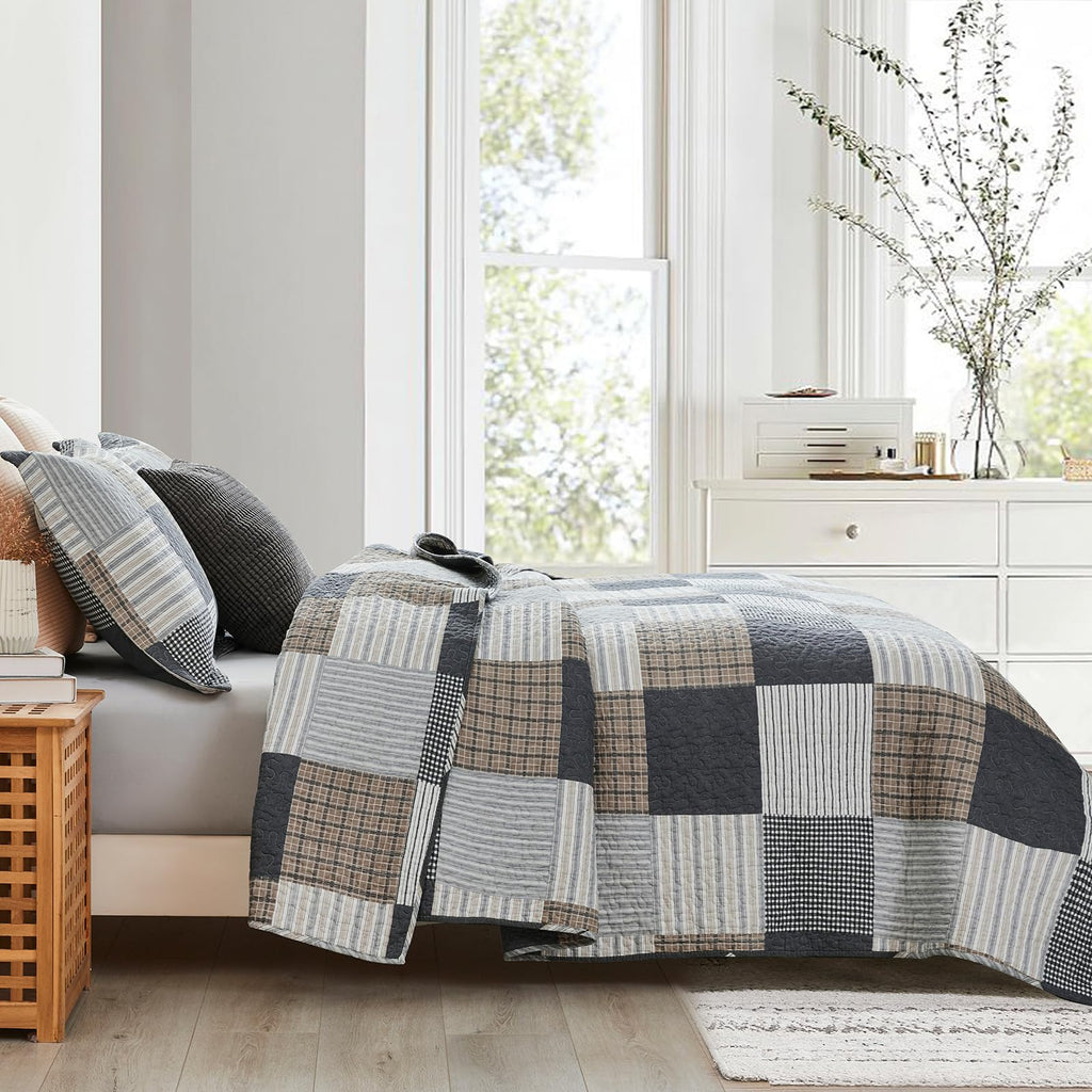 Y-PLWOMEN 100% Cotton Farmhouse Plaid Lightweight 3-Pieces Quilt Set (Blue Brown, Queen90 * 98 Inch)